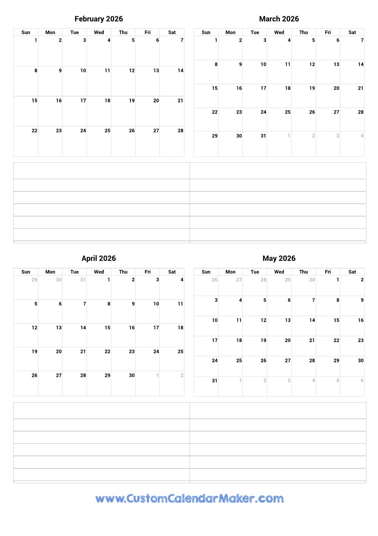 Feb 2026 Printable Calendar