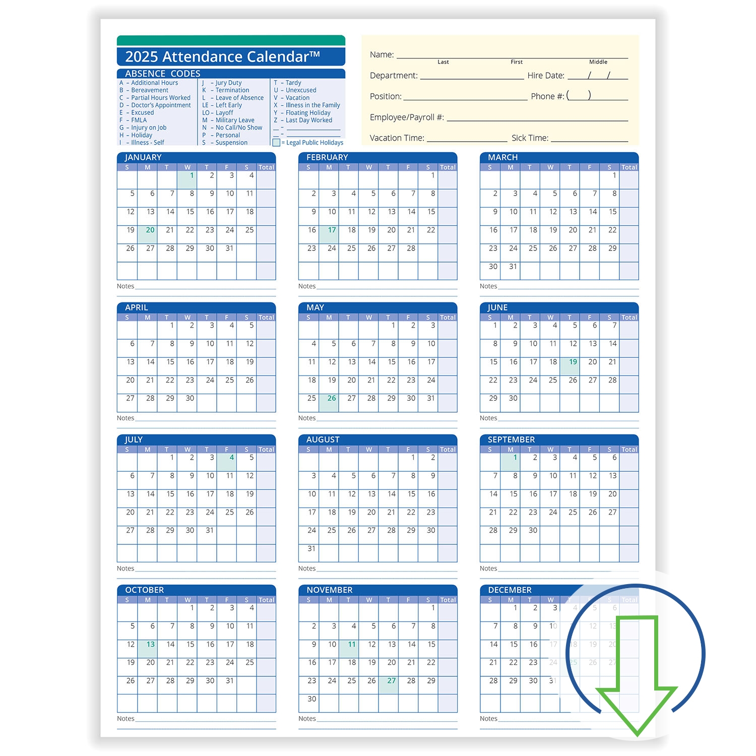 Fill and Save Attendance Calendar