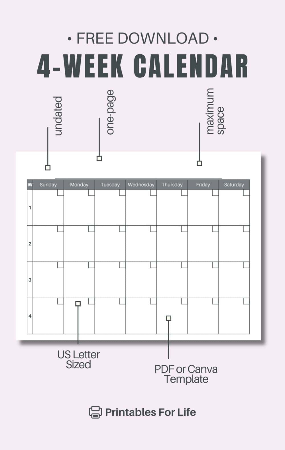 Free 4 Week Calendar Printable Blank Template