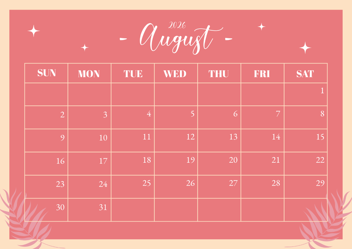 Free Aesthetic August 2026 Calendar Template To Edit Online