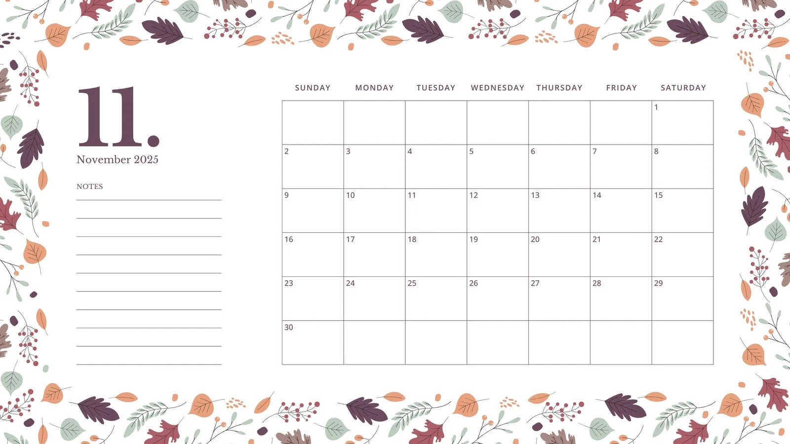 Nov 2025 Calendar Printable Banner