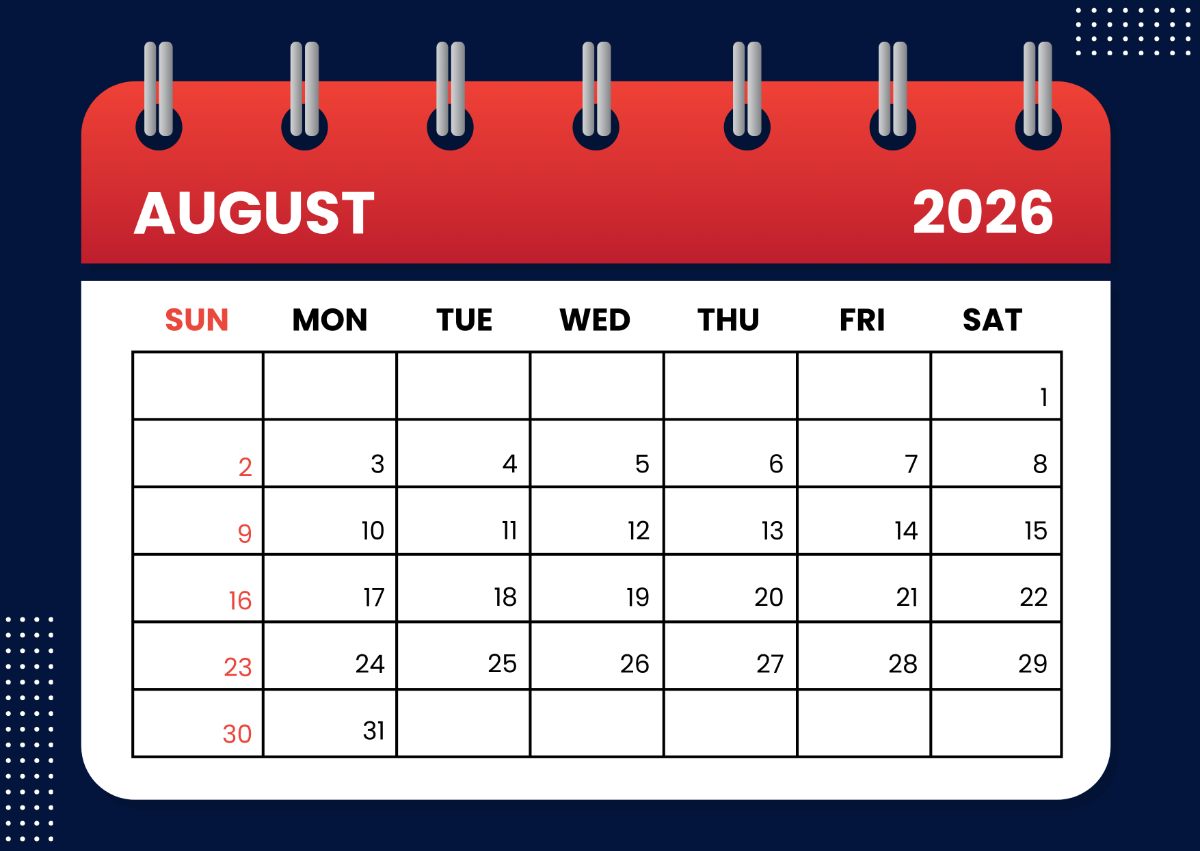 Free August 2026 Calendar Clipart Template To Edit Online