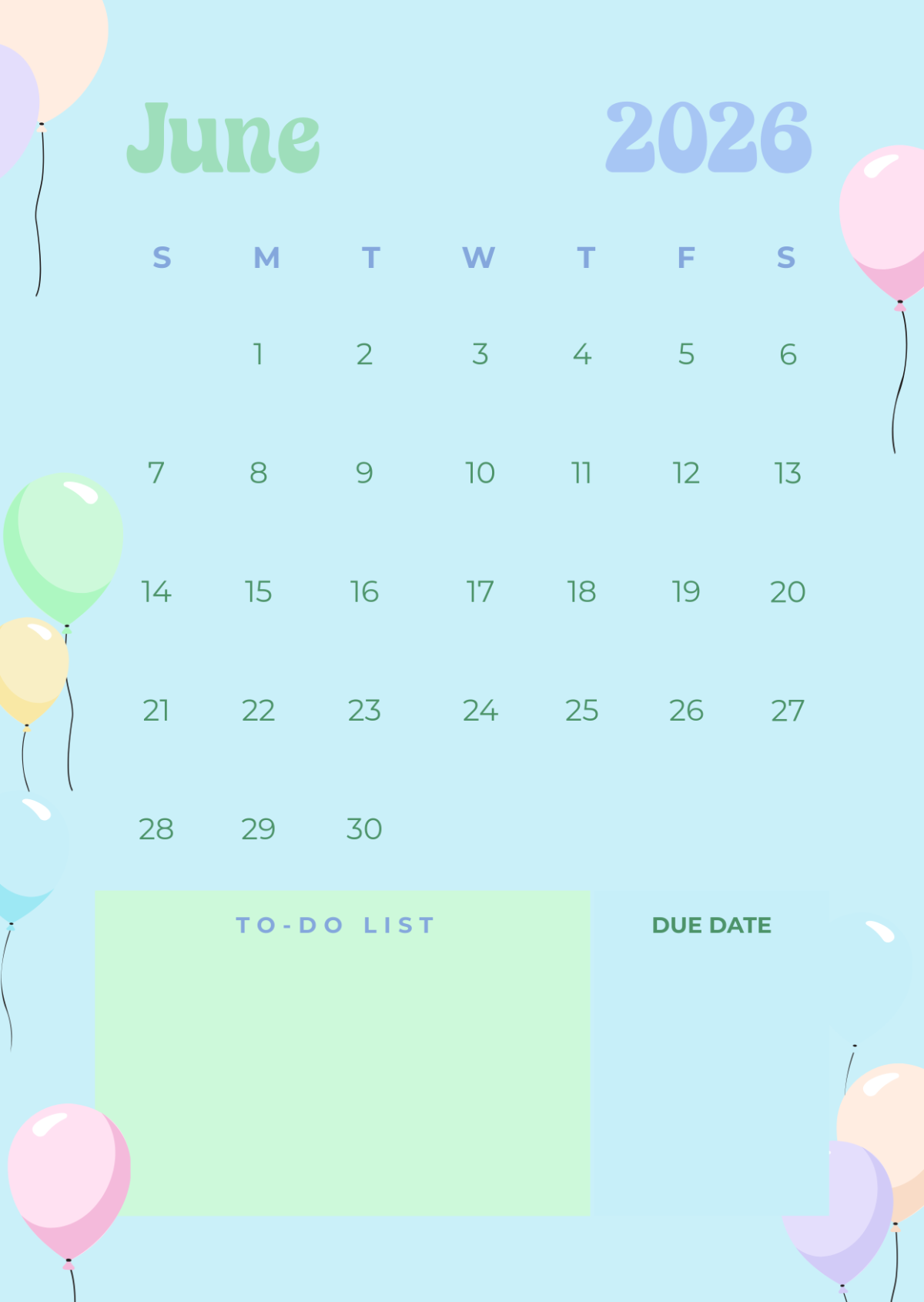 Free Colorful June 2026 To Do Calendar Template To Edit Online
