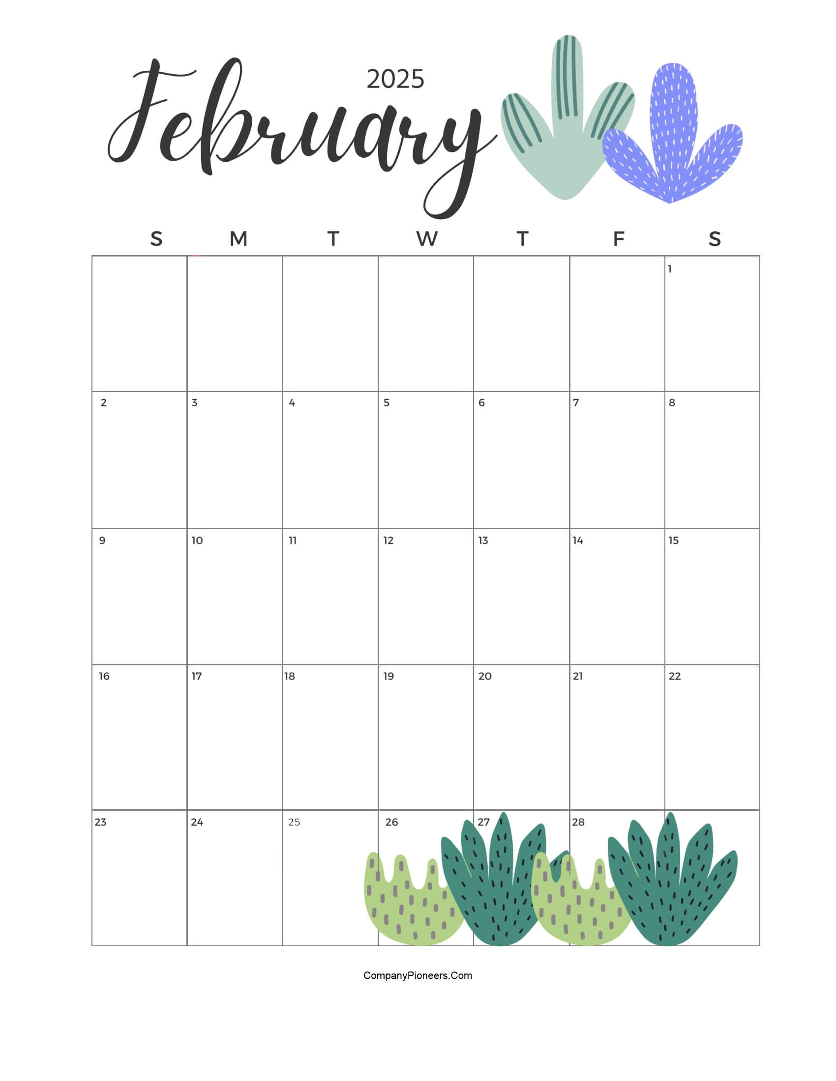 Free Printable Cactus Calendar 2025