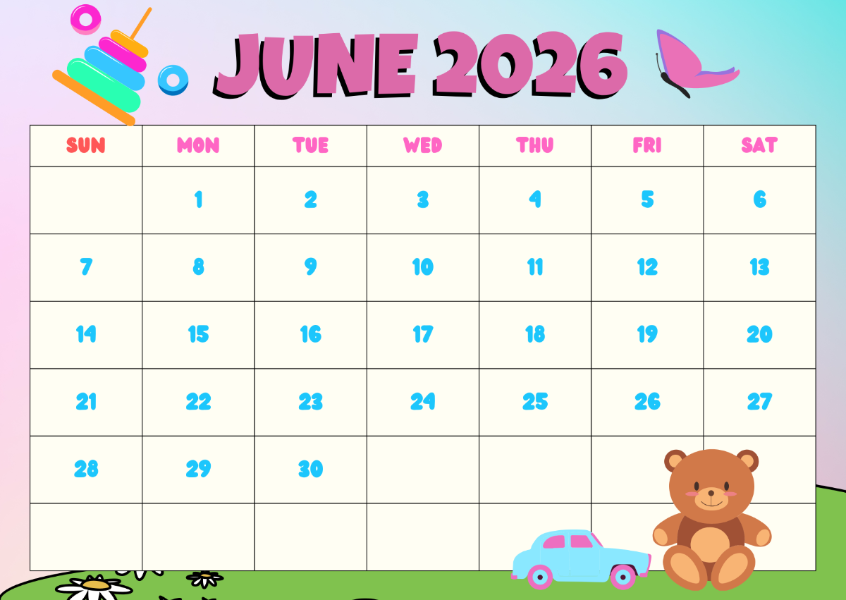Colorful Printable June Calendar 2026