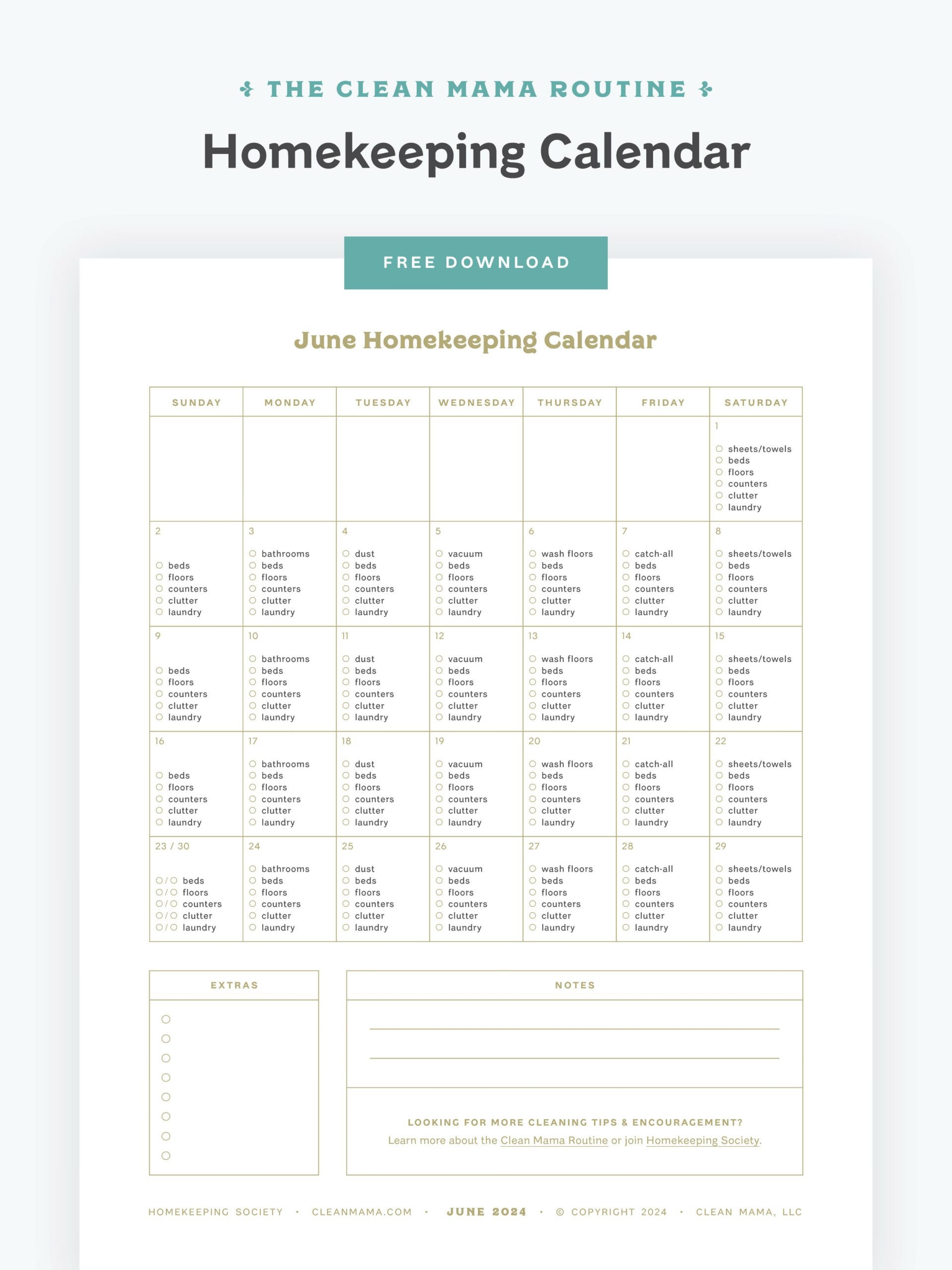 FREE June Homekeeping Calendar Clean Mama