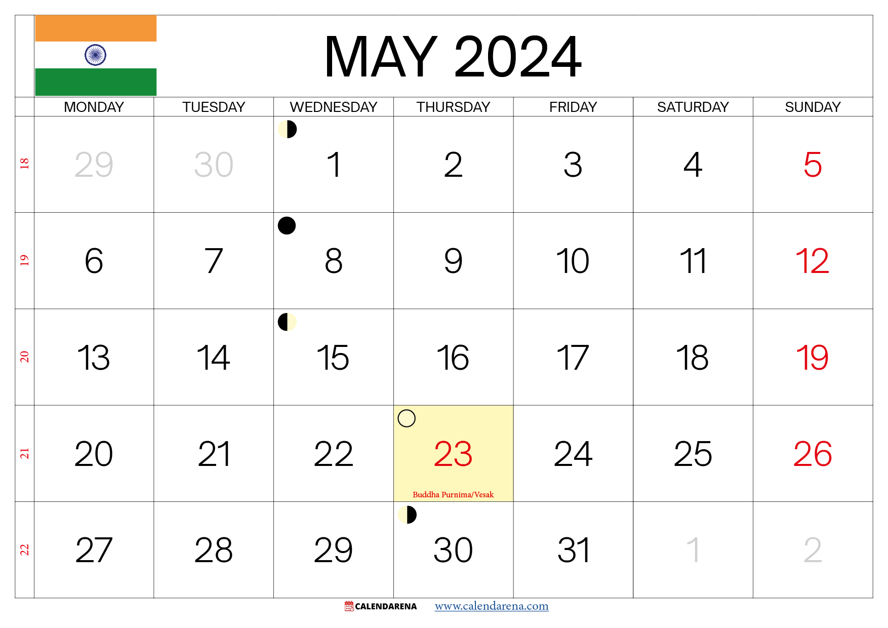 Free May 2024 Calendar India Printable