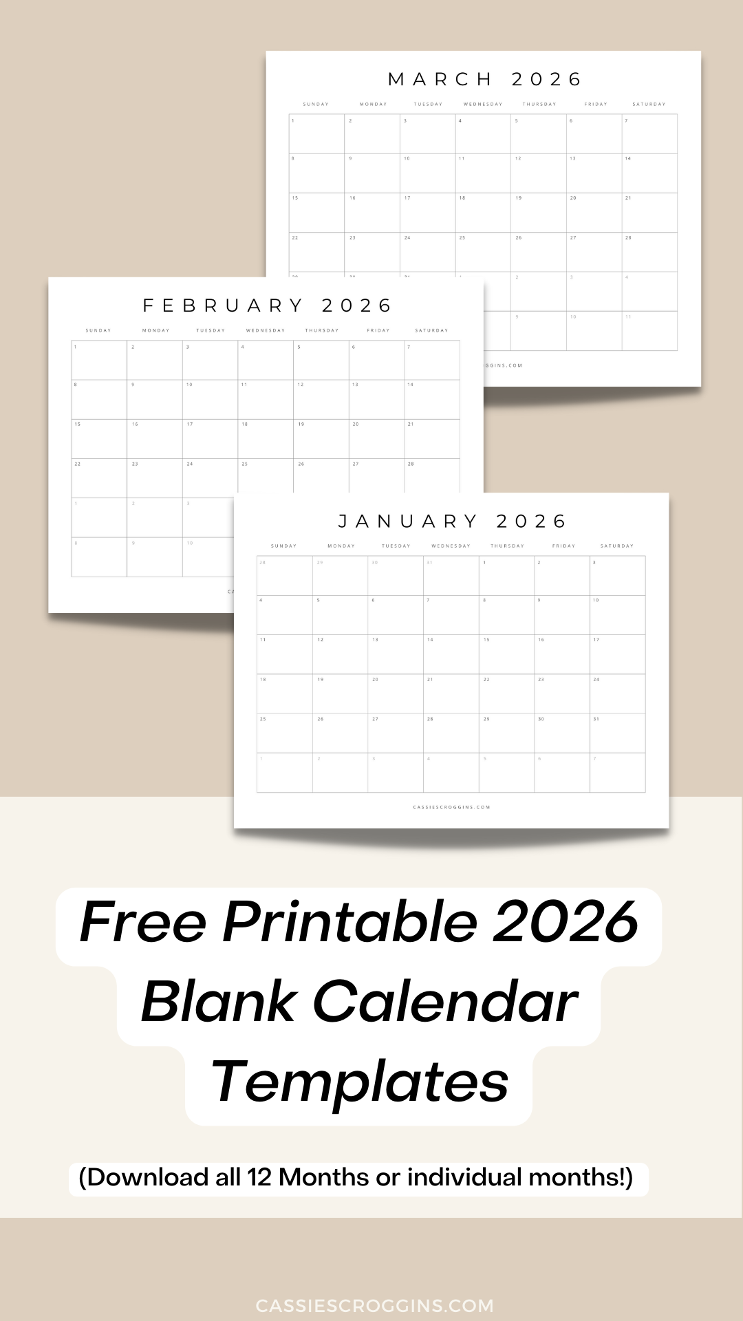 free printable 2026 blank calendar templates all 12 months
