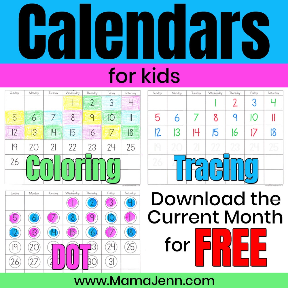FREE Printable Calendars For Kids Trace Color Or Use Dot Markers