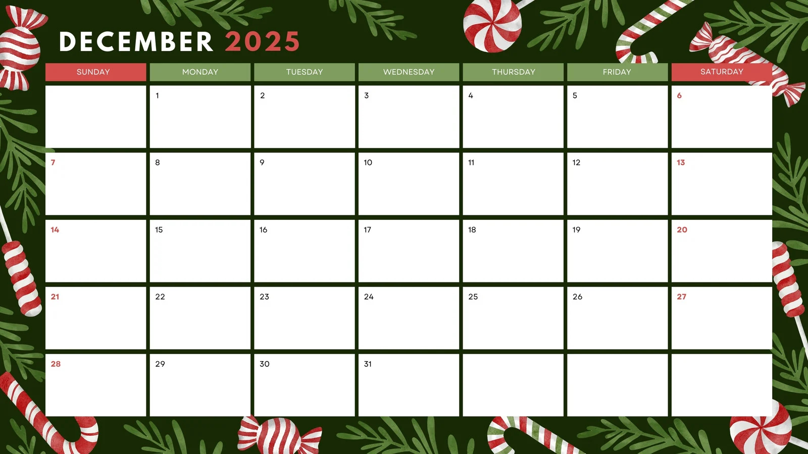 Printable 2025 December Calendar