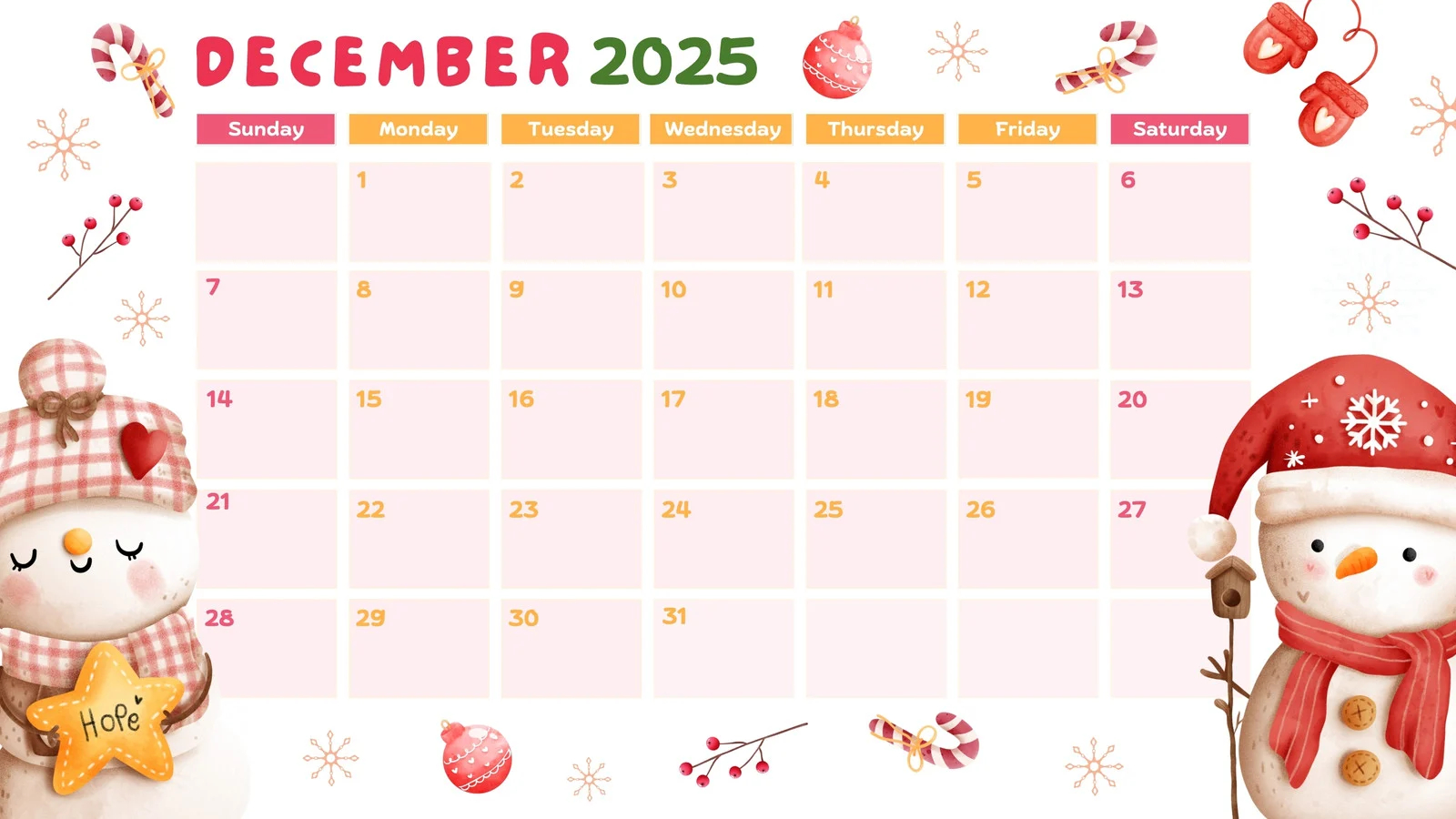 free printable december 2025 calendar templates canva
