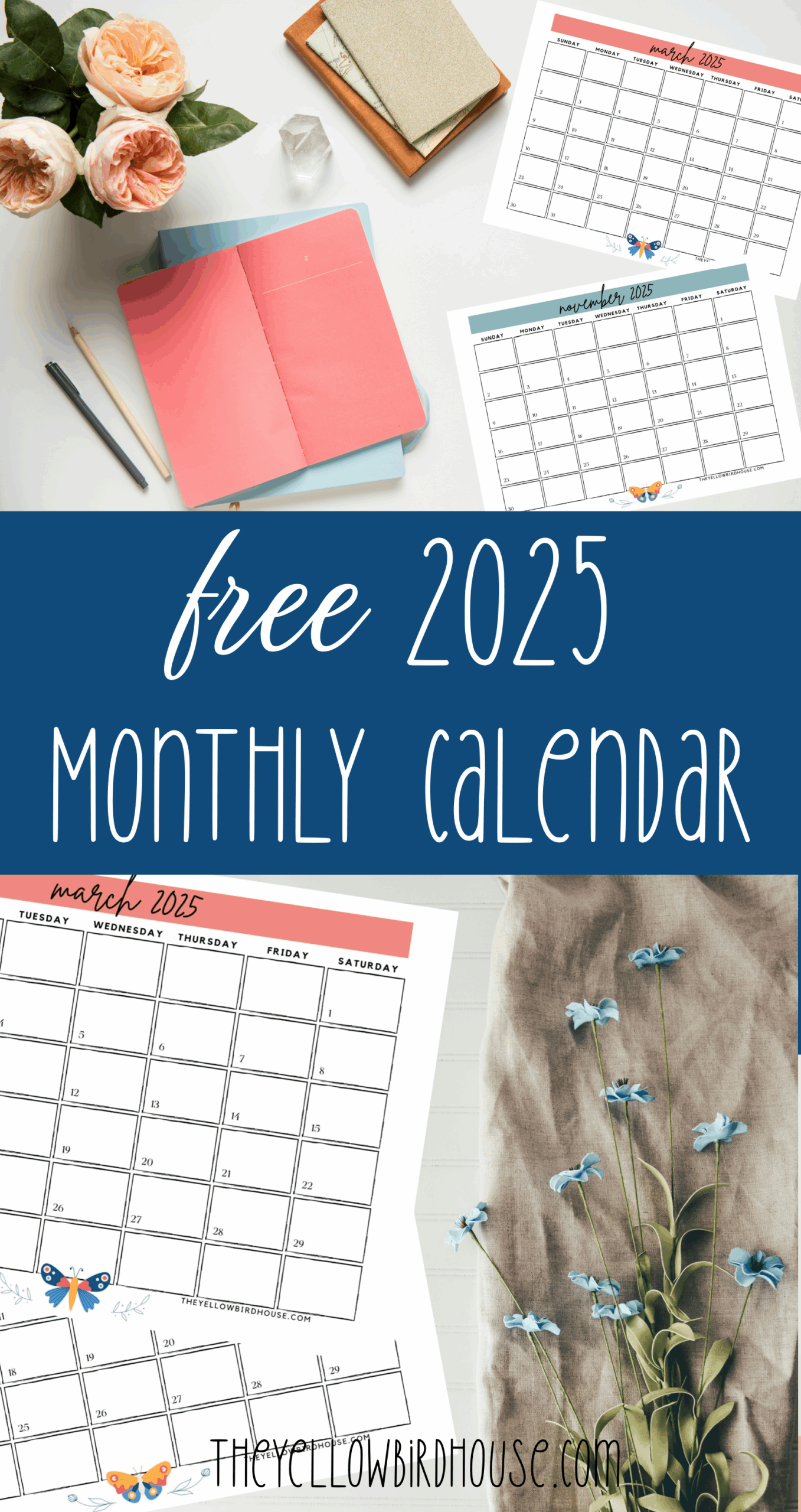 free printable monthly calendar for 2025 the yellow birdhouse