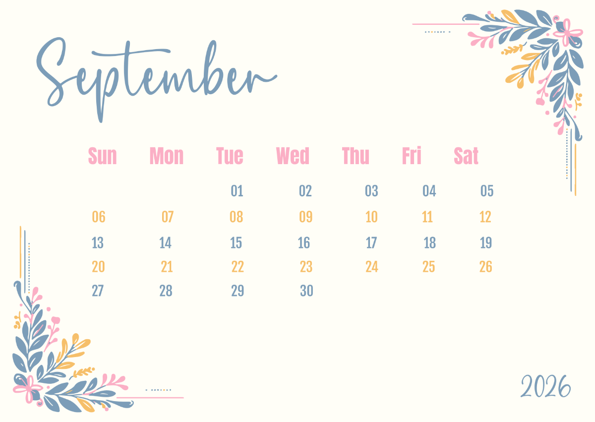 Free September 2026 Calendar Clipart Template To Edit Online