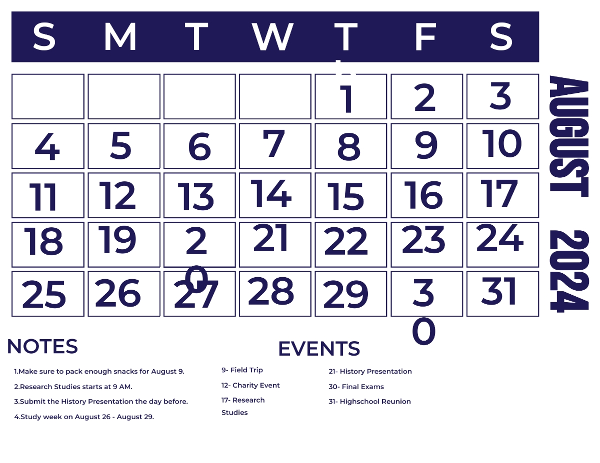 Free Simple August 2024 Calendar Template To Edit Online