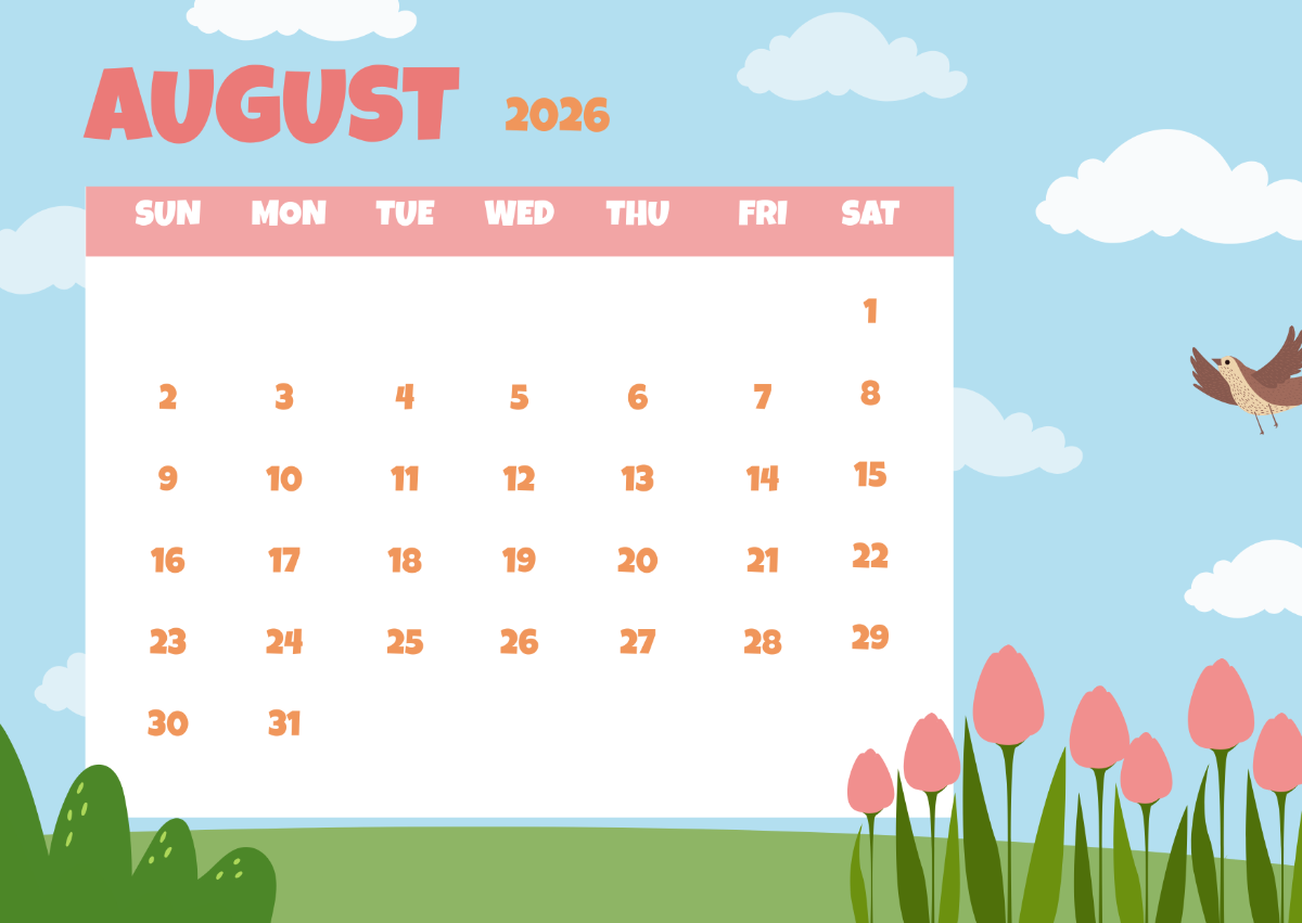 Free Spring Flower August 2026 Calendar Template To Edit Online