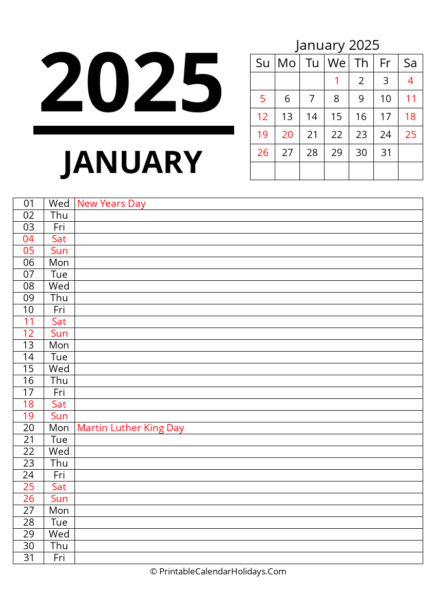 January 2025 Calendars PrintableCalendarHolidays Com