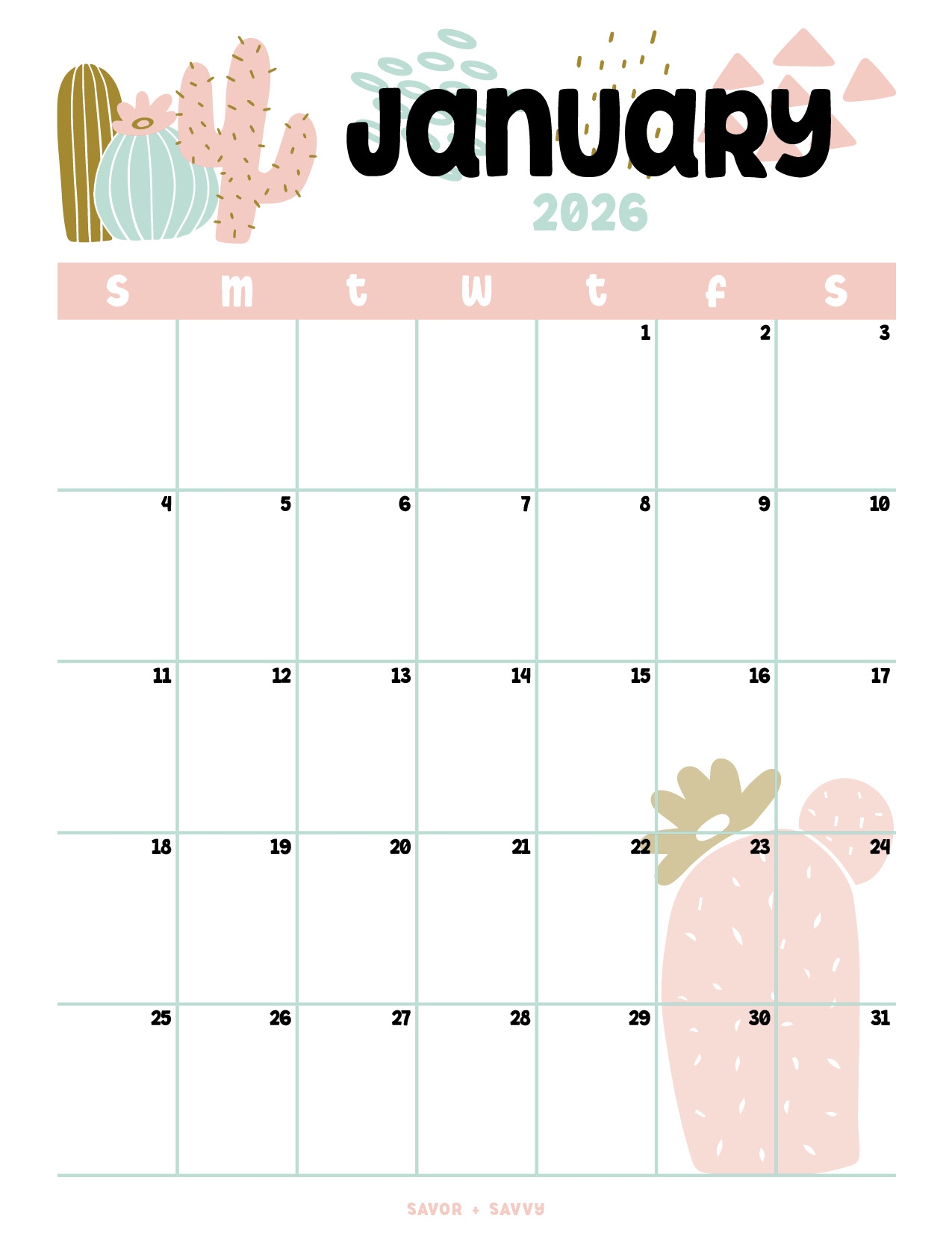 Printable January 2026 Calendar Free
