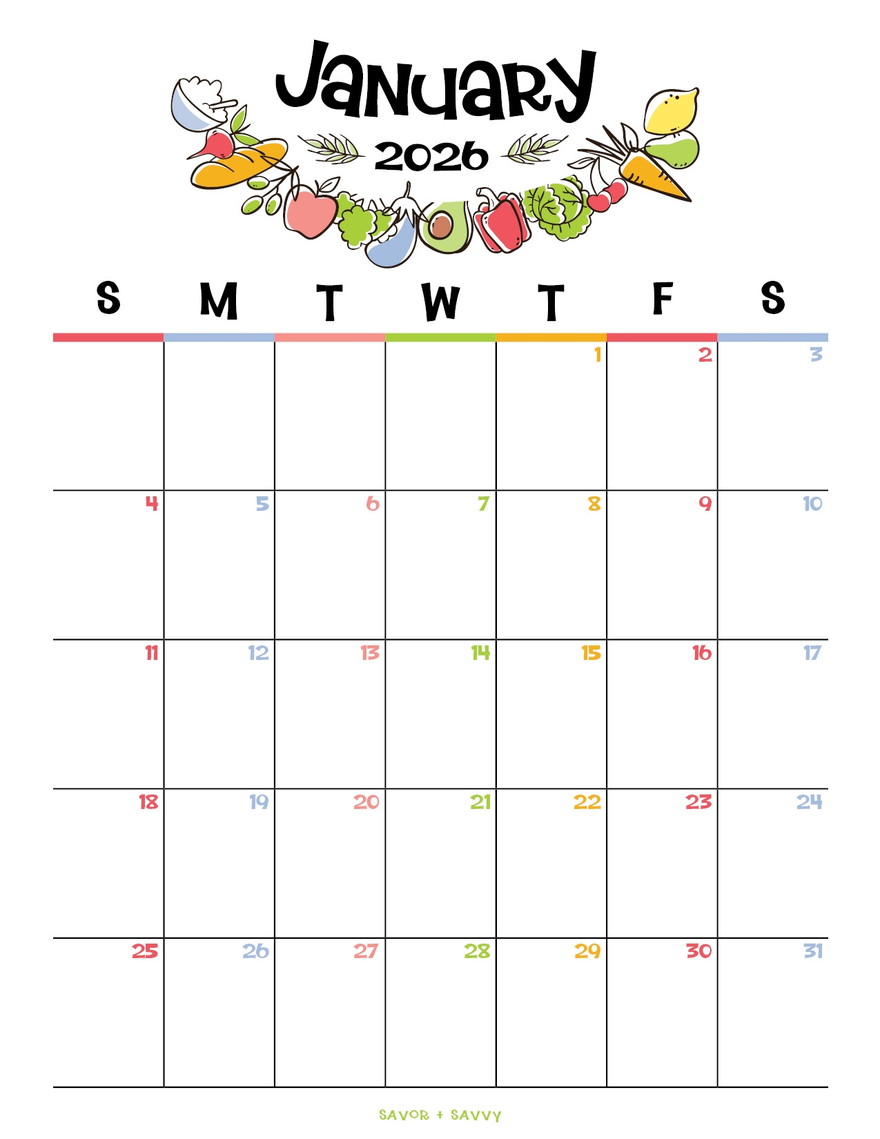January 2026 Monthly Calendar Printable