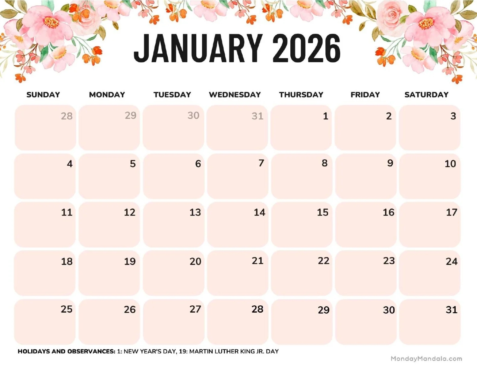 January 2026 Calendars Free PDF Printables 