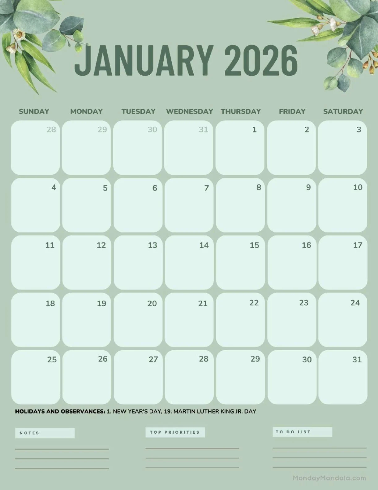 Free Printable Calendar January 2026