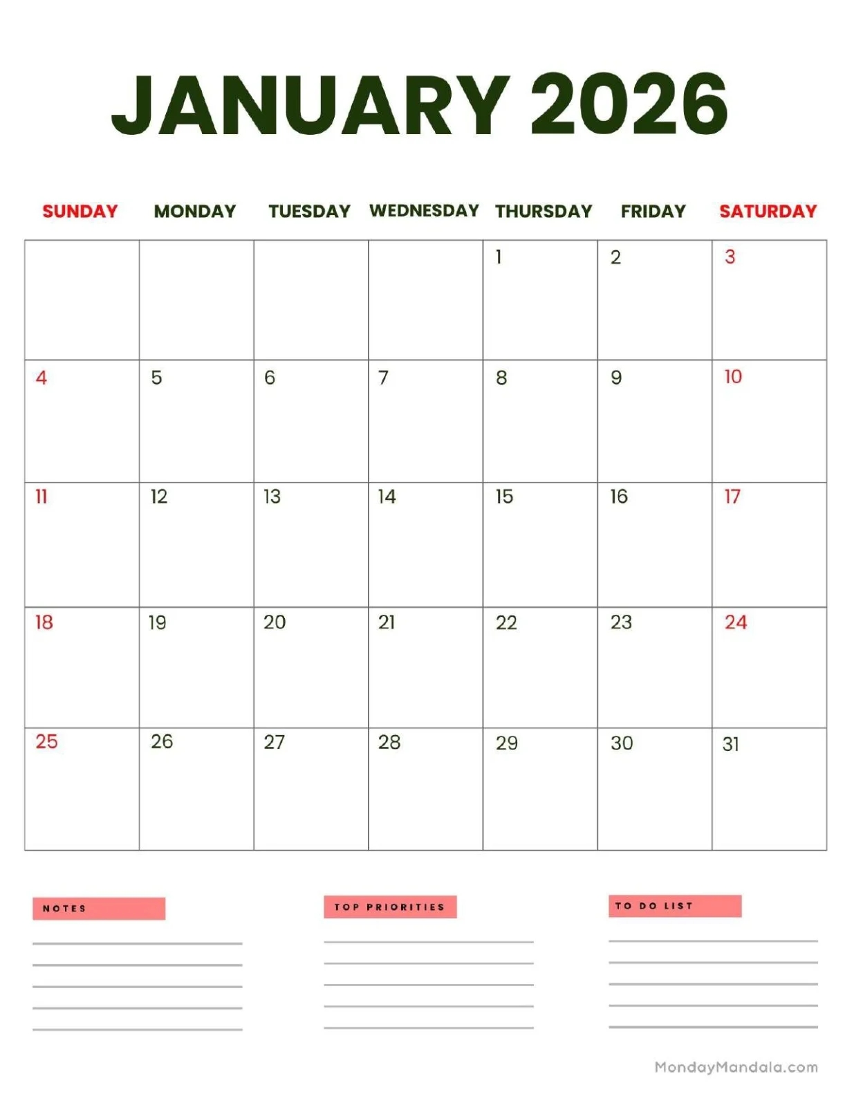 January 2026 Calendars Free PDF Printables 