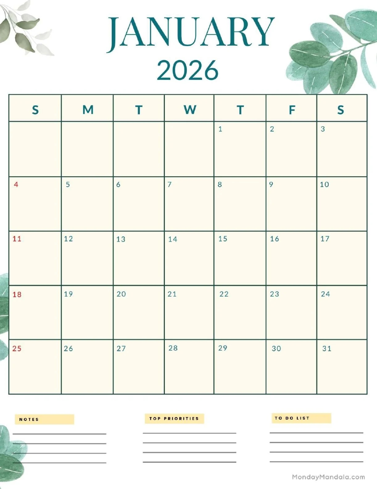 January 2026 Calendars Free PDF Printables 