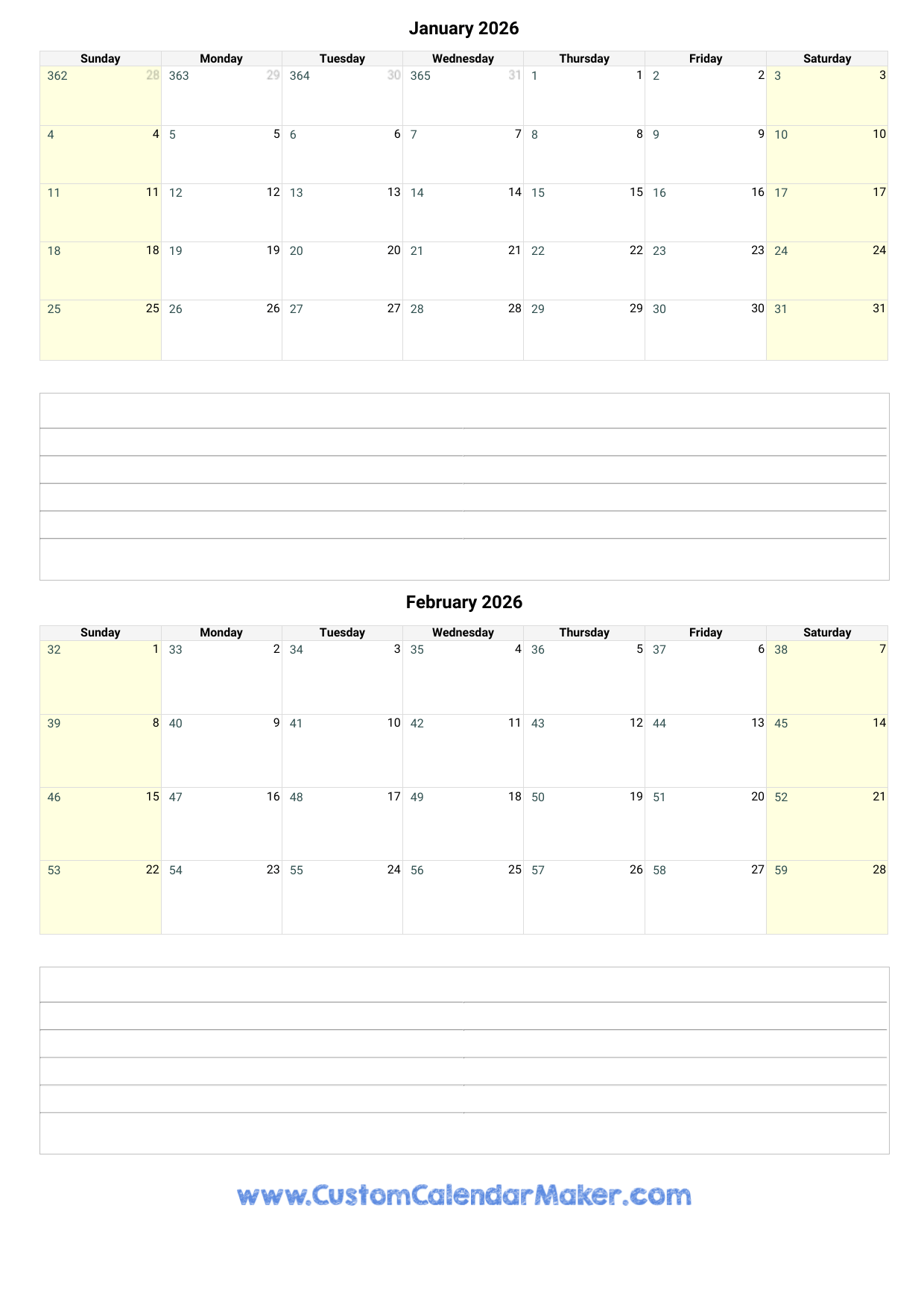 January And February 2026 Calendar Custom Calendar Maker