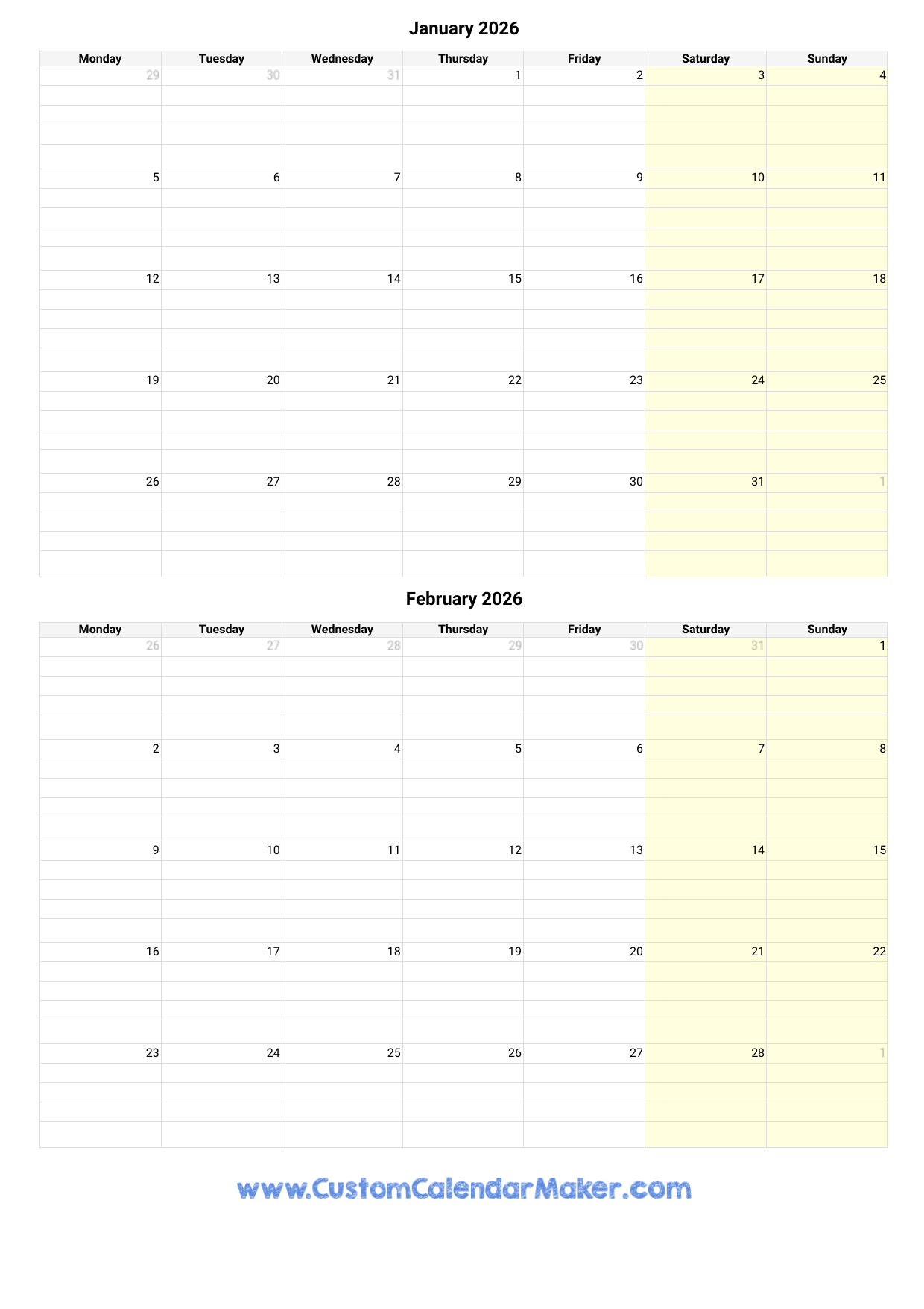 January And February 2026 Calendar Custom Calendar Maker