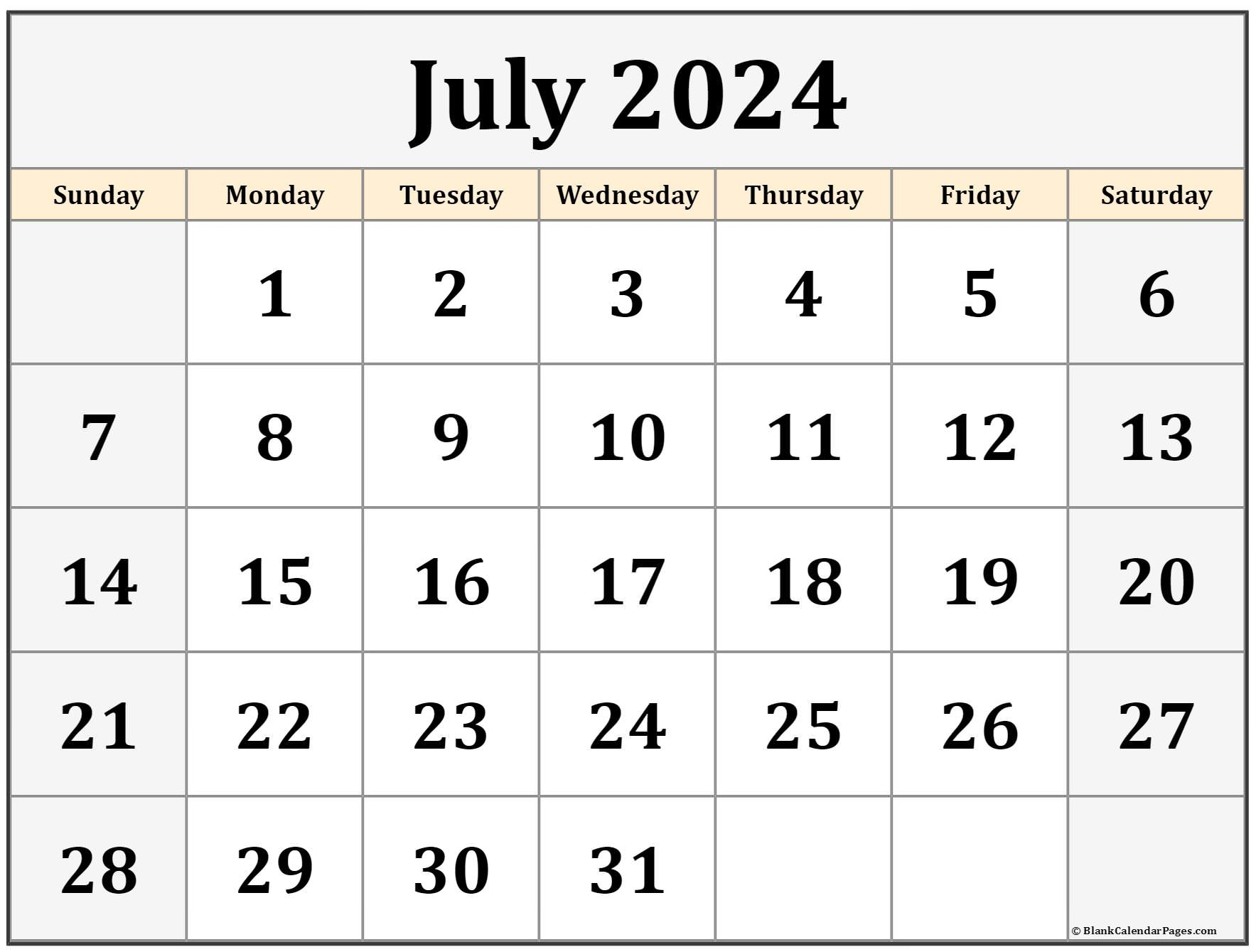 Printable Blank July Calendar