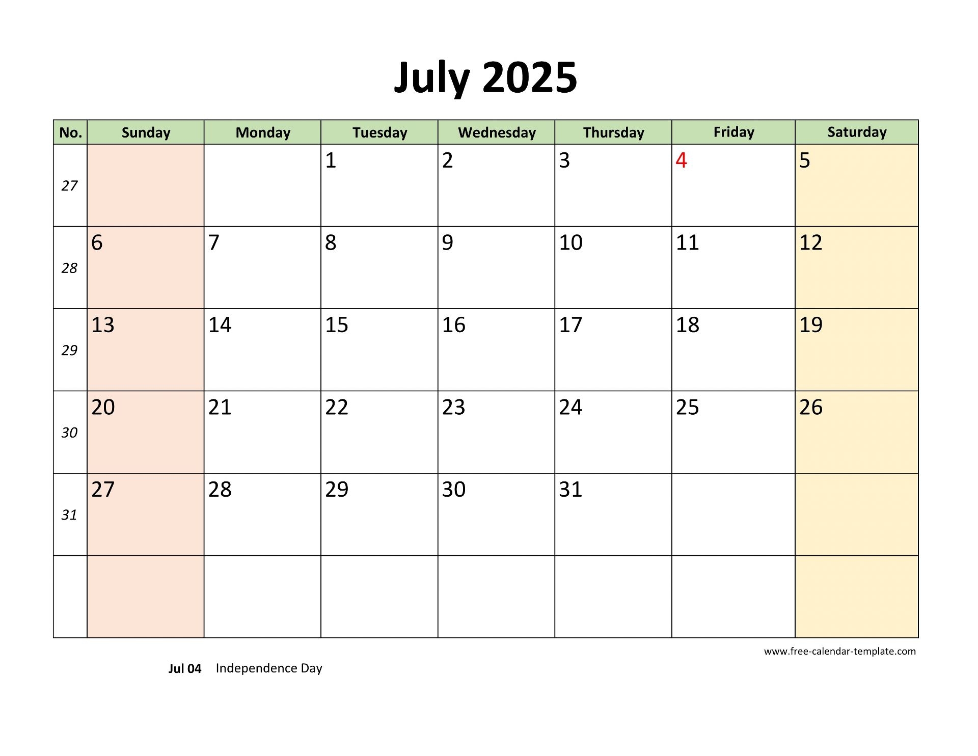Blank Calendar July 2025 Printable