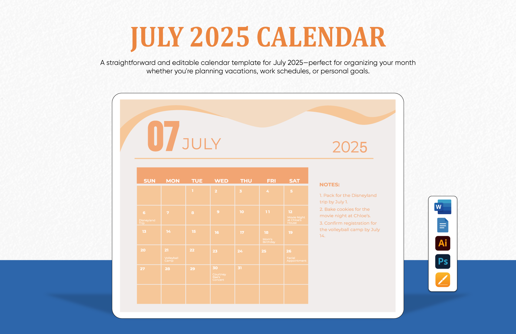 July 2025 Printable Free Calendar Word Format