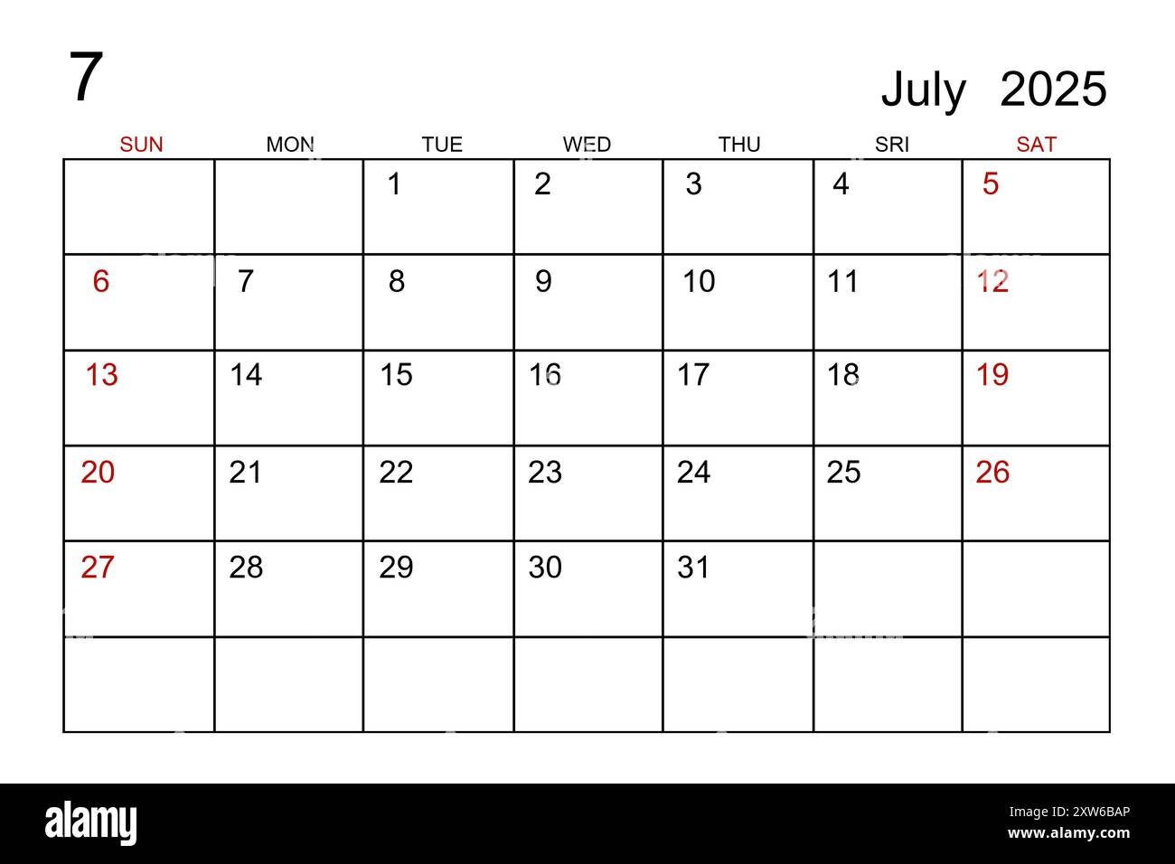 July 2025 Calendar Template On White Paper Background Stock Photo Alamy