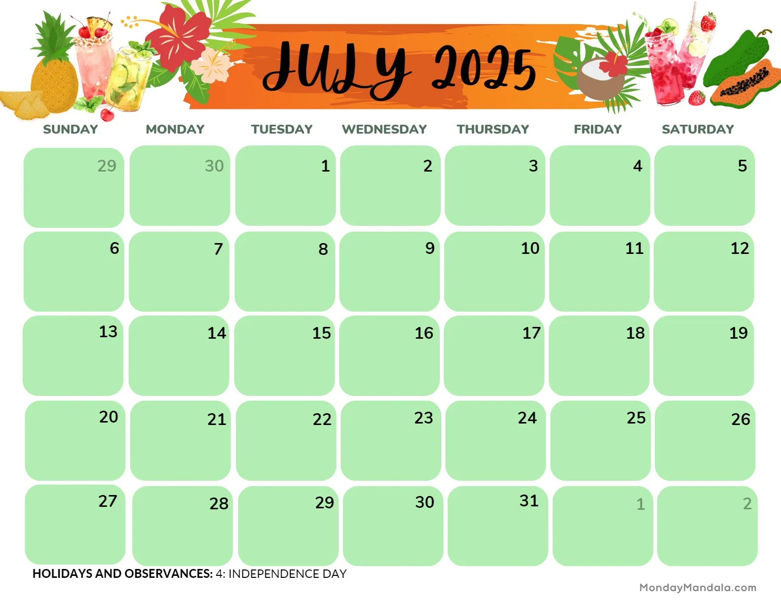 2025 Calendars July 2025 Calendar Printable
