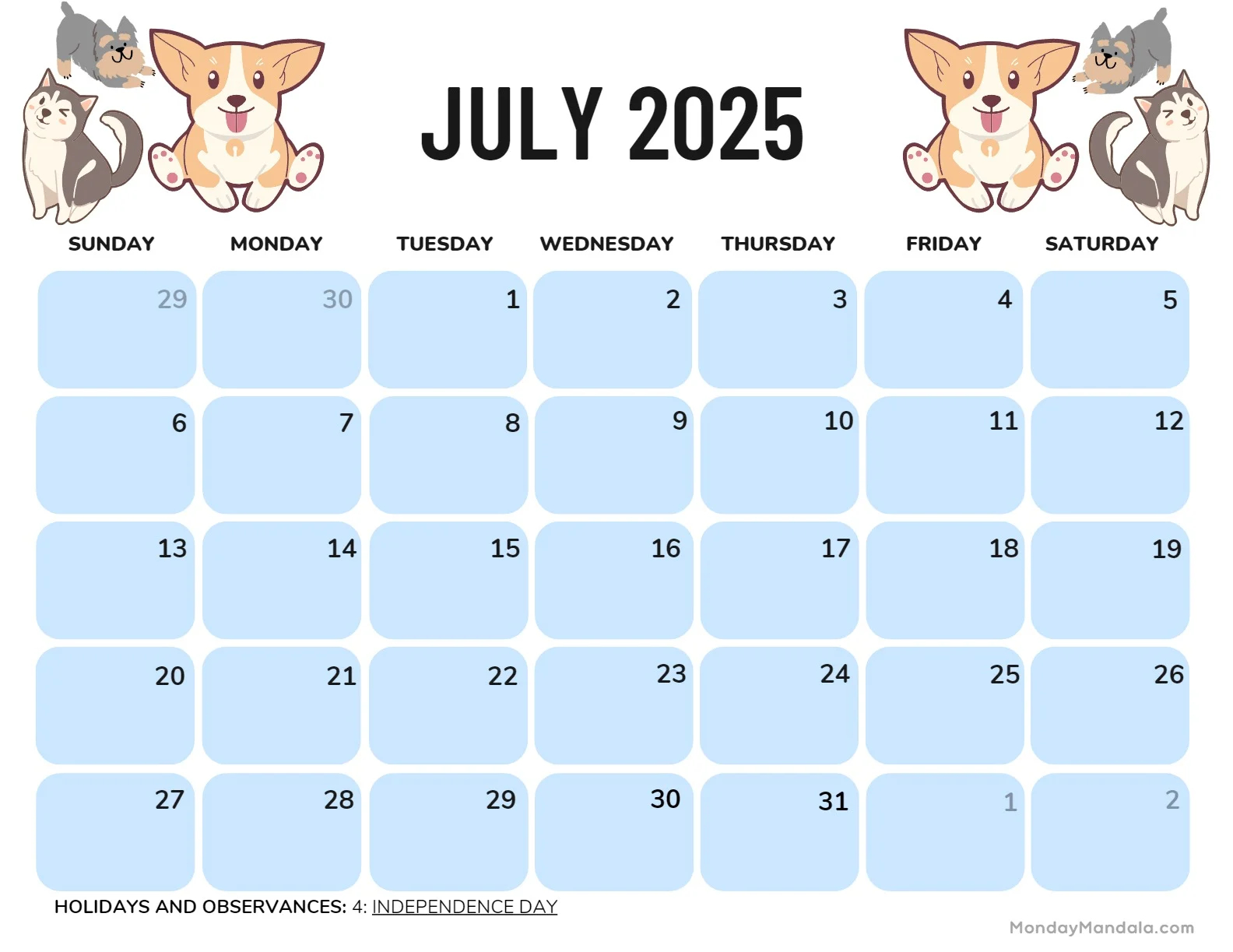 Free Printable Calendar 2025 July