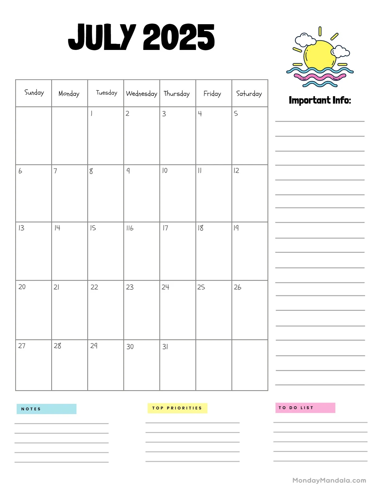 July 2025 Calendar Printable Portrait