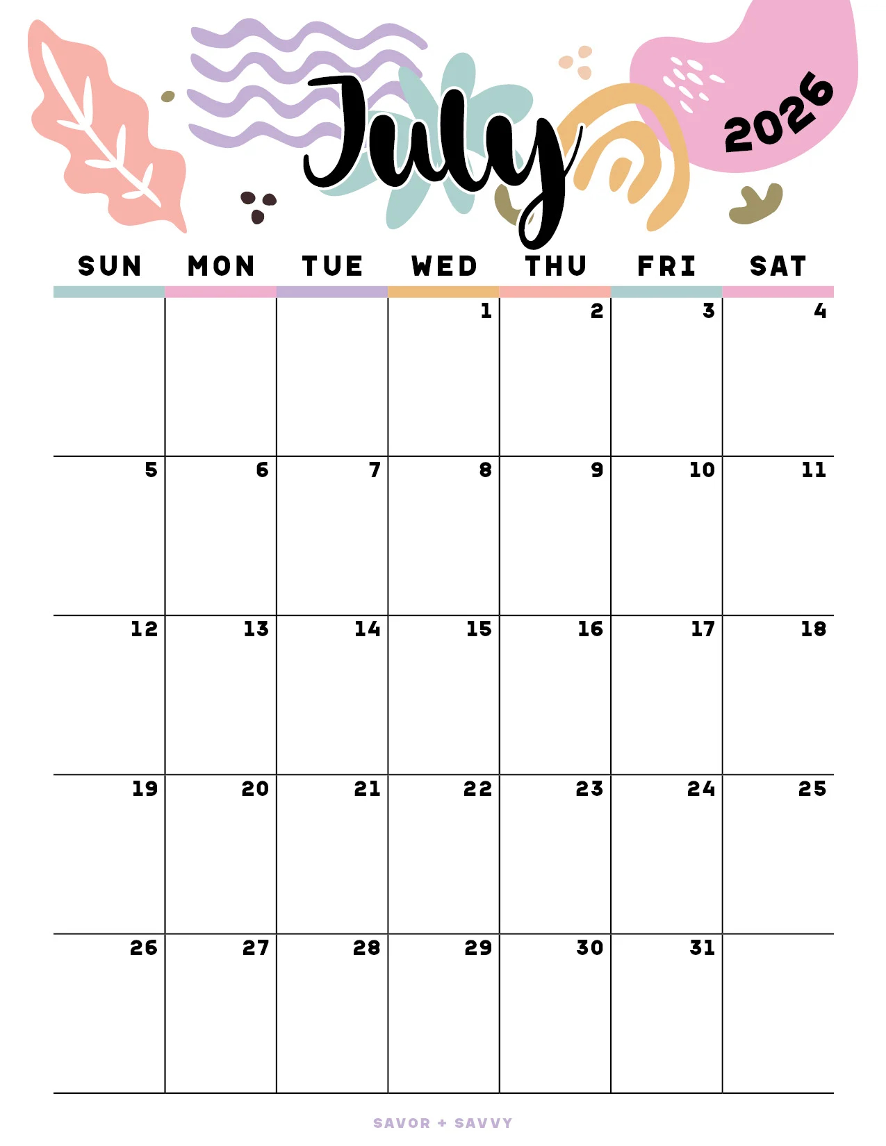 July Calendar 2026 Printable