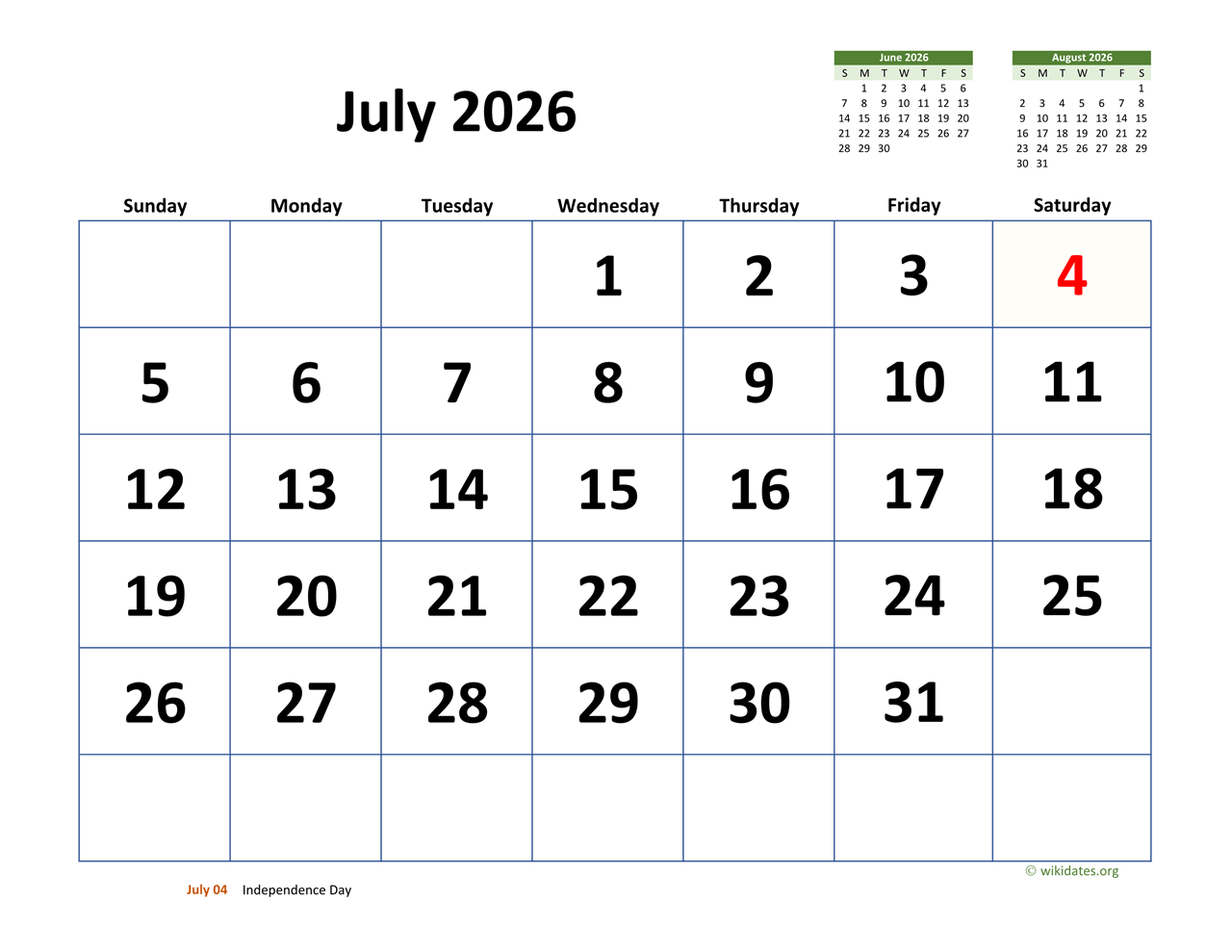 july 2026 calendar with extra large dates wikidates