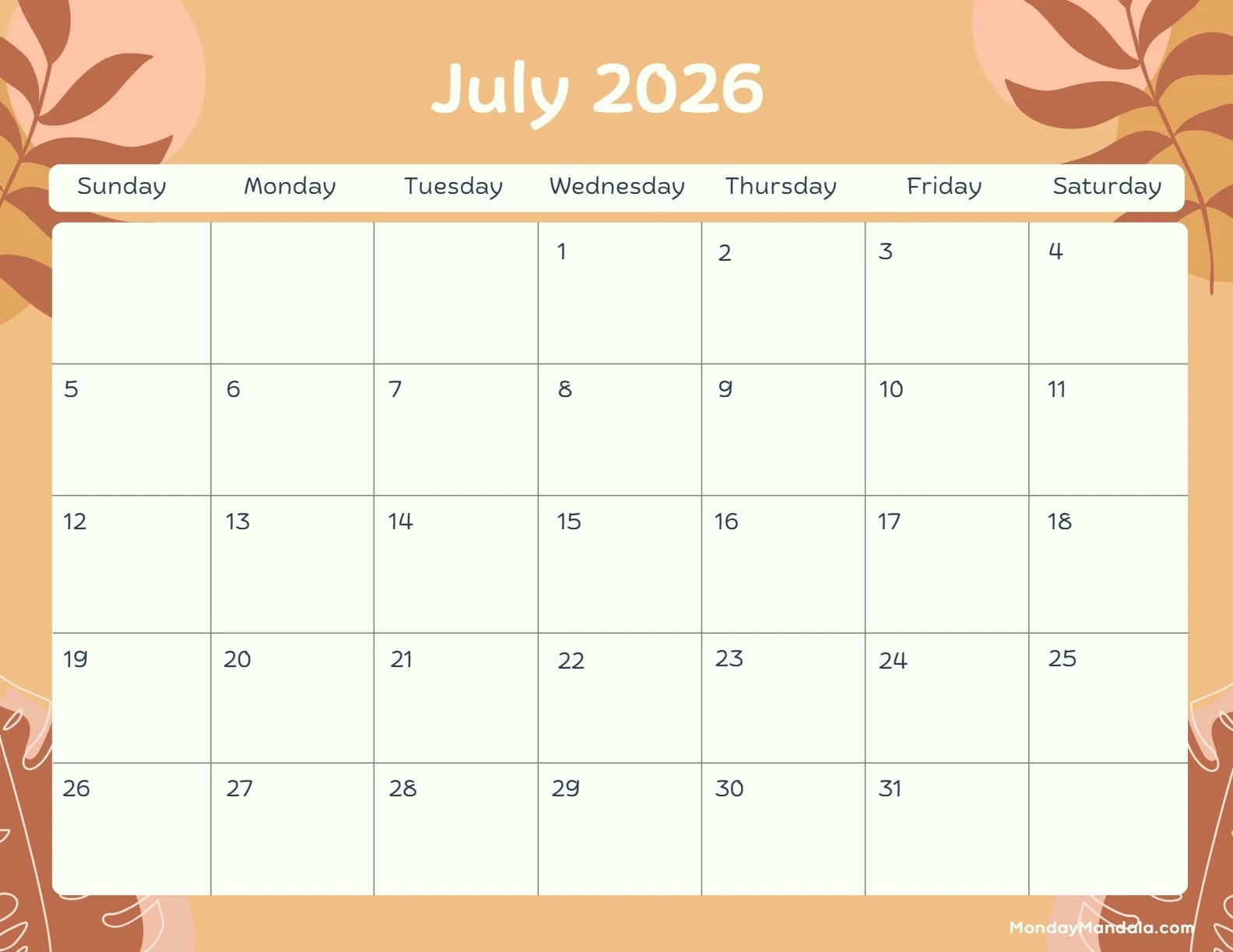 Calendar Cut Outs Printable For July