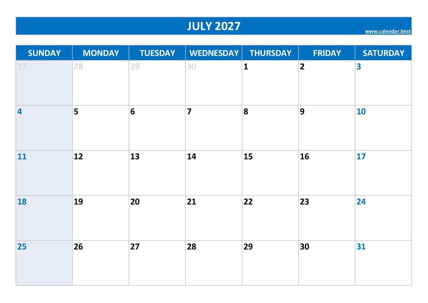 July 2027 Calendar Calendar best