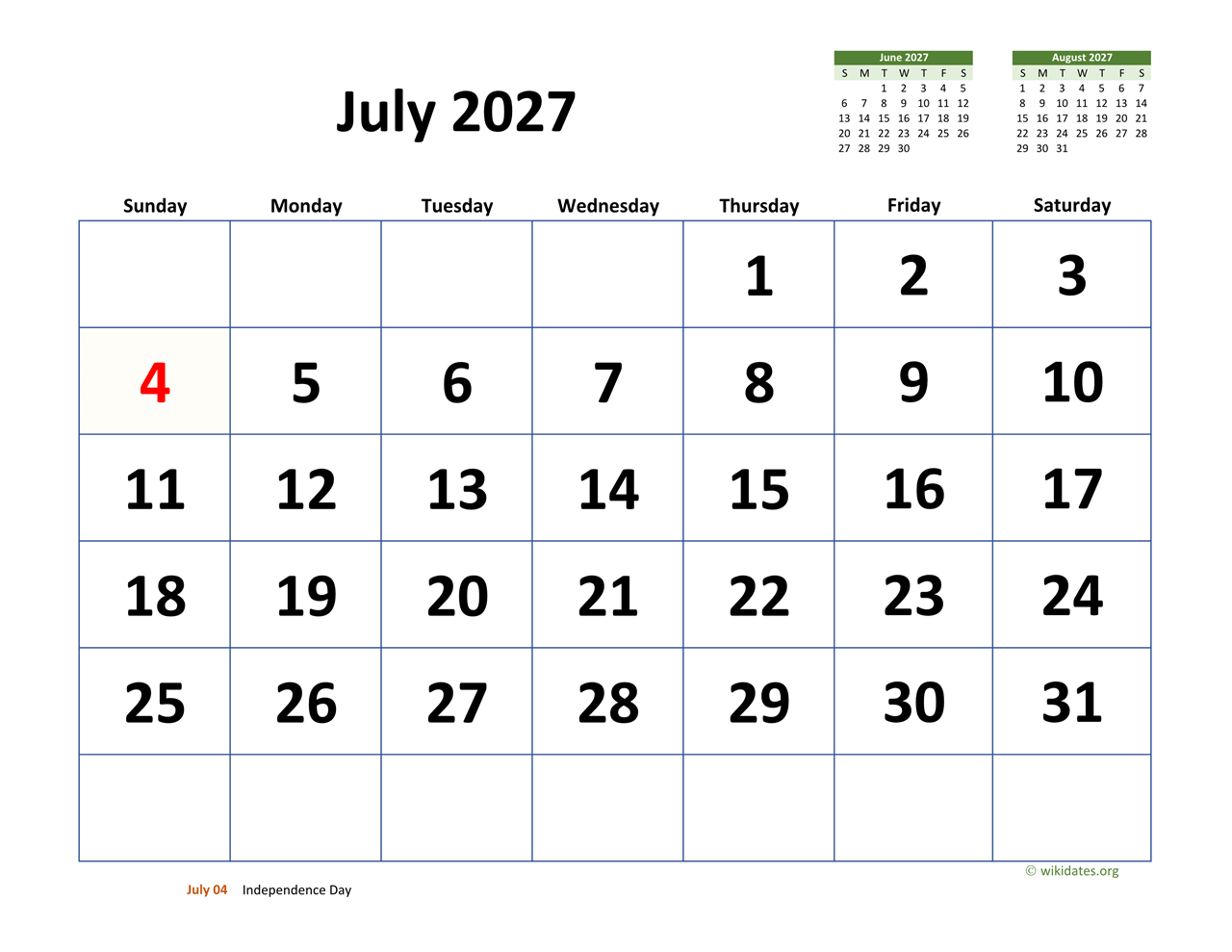 july 2027 calendar with extra large dates wikidates