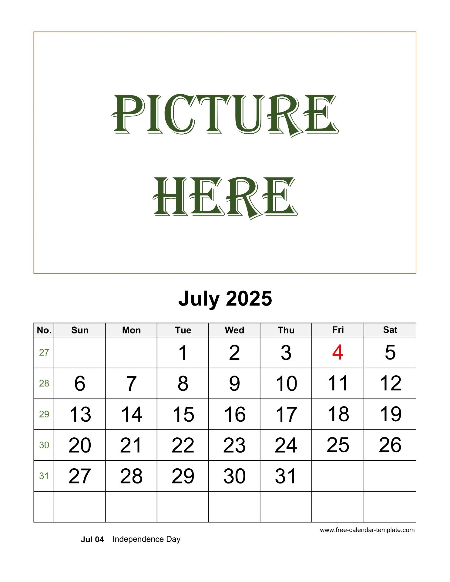 Monthly Calendar July 2025 Printable