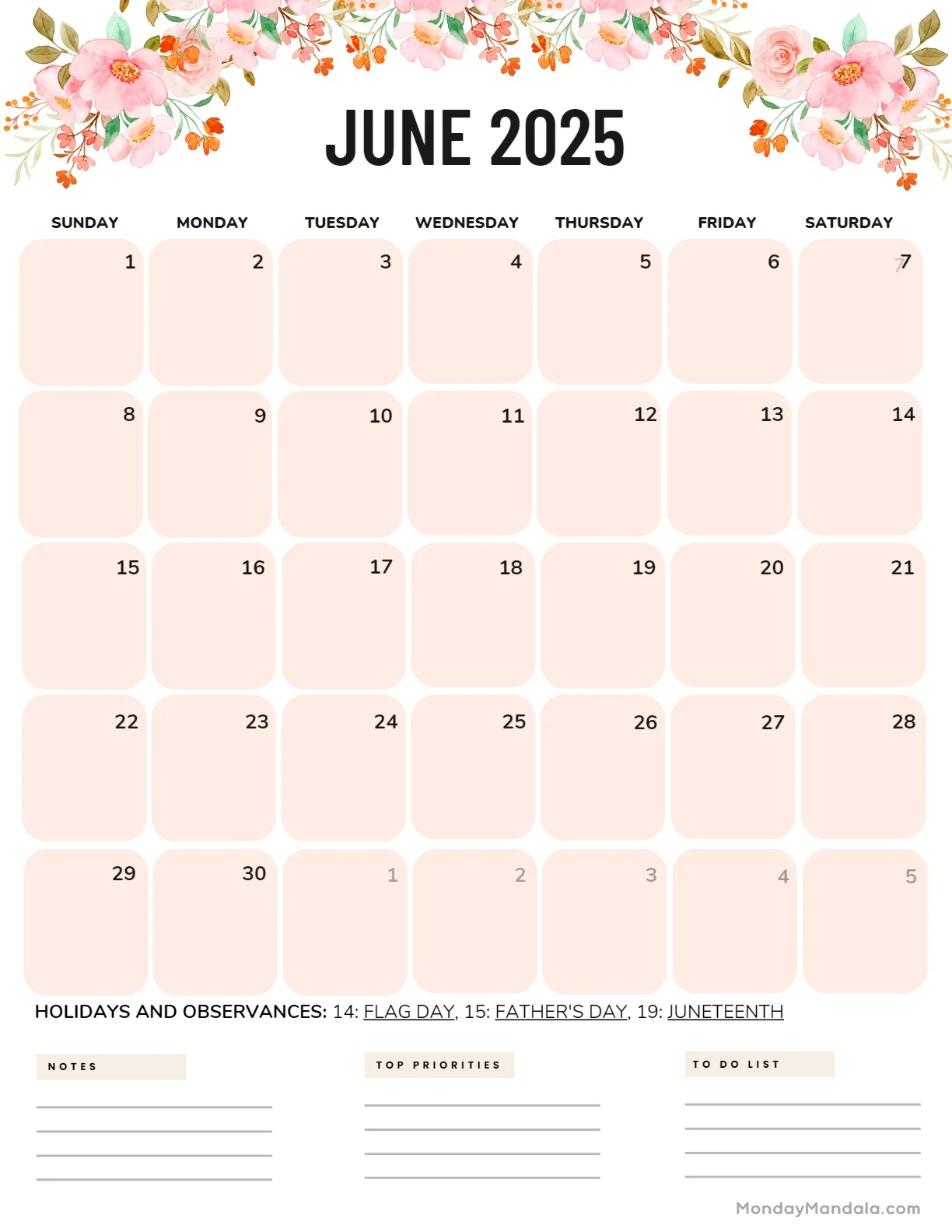 Blank Printable Cute Calendar 2025