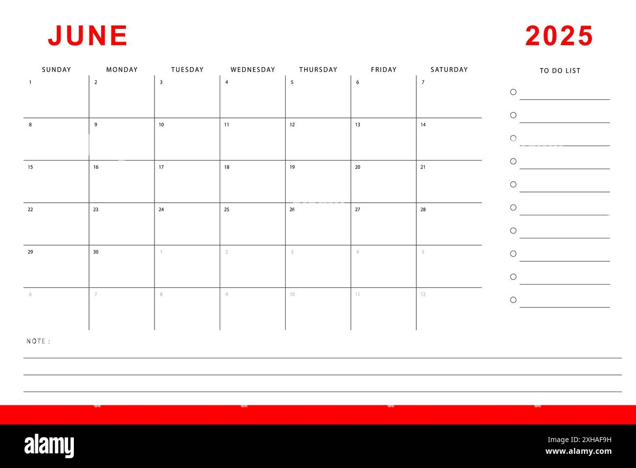 June 2025 Calendar Monthly Planner Template Sunday Start Vector Design Stock Vector Image Art Alamy