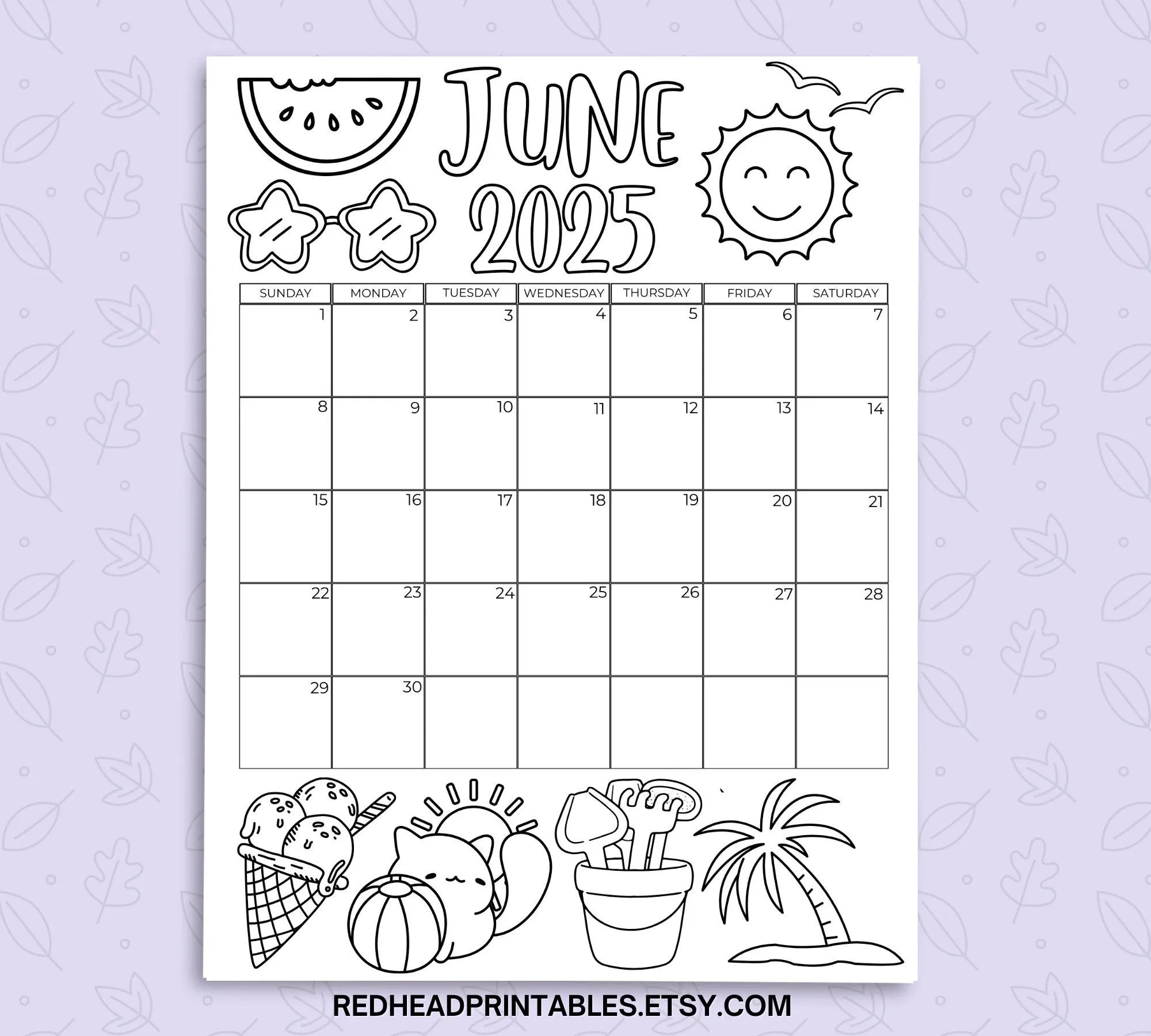 June 2025 Coloring Calendar Printable June Colorable Monthly Calendar Page Printable Calendar For Kids Coloring Activity Summer 2025 Etsy