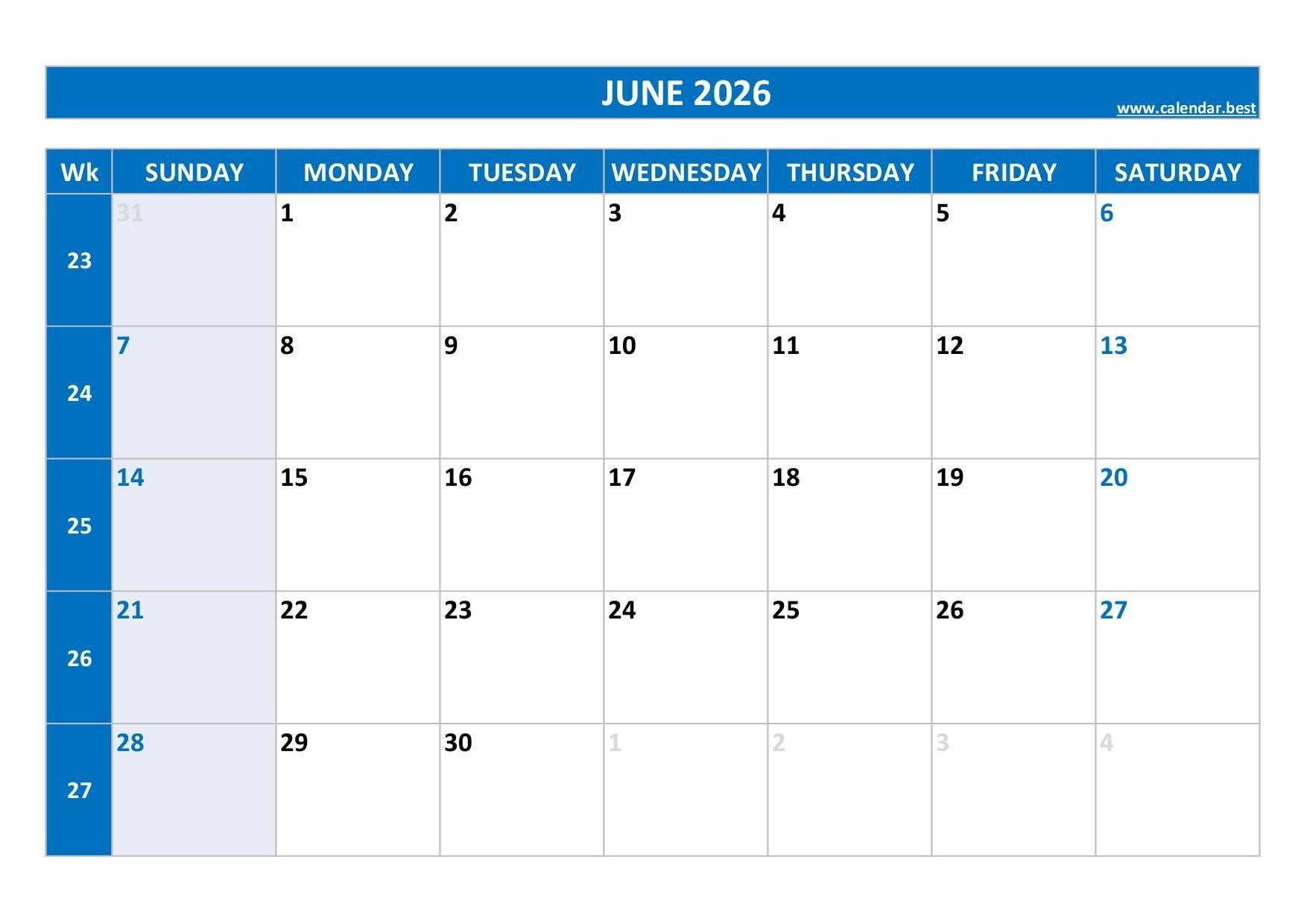June 2026 Calendar Calendar best
