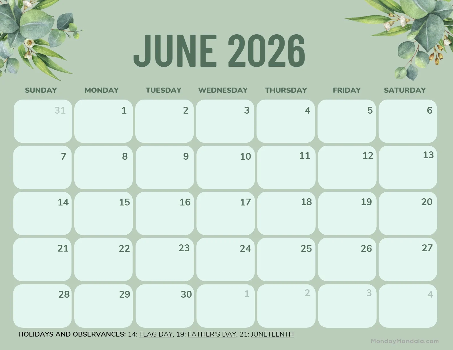 Printable Calendars 2026 June