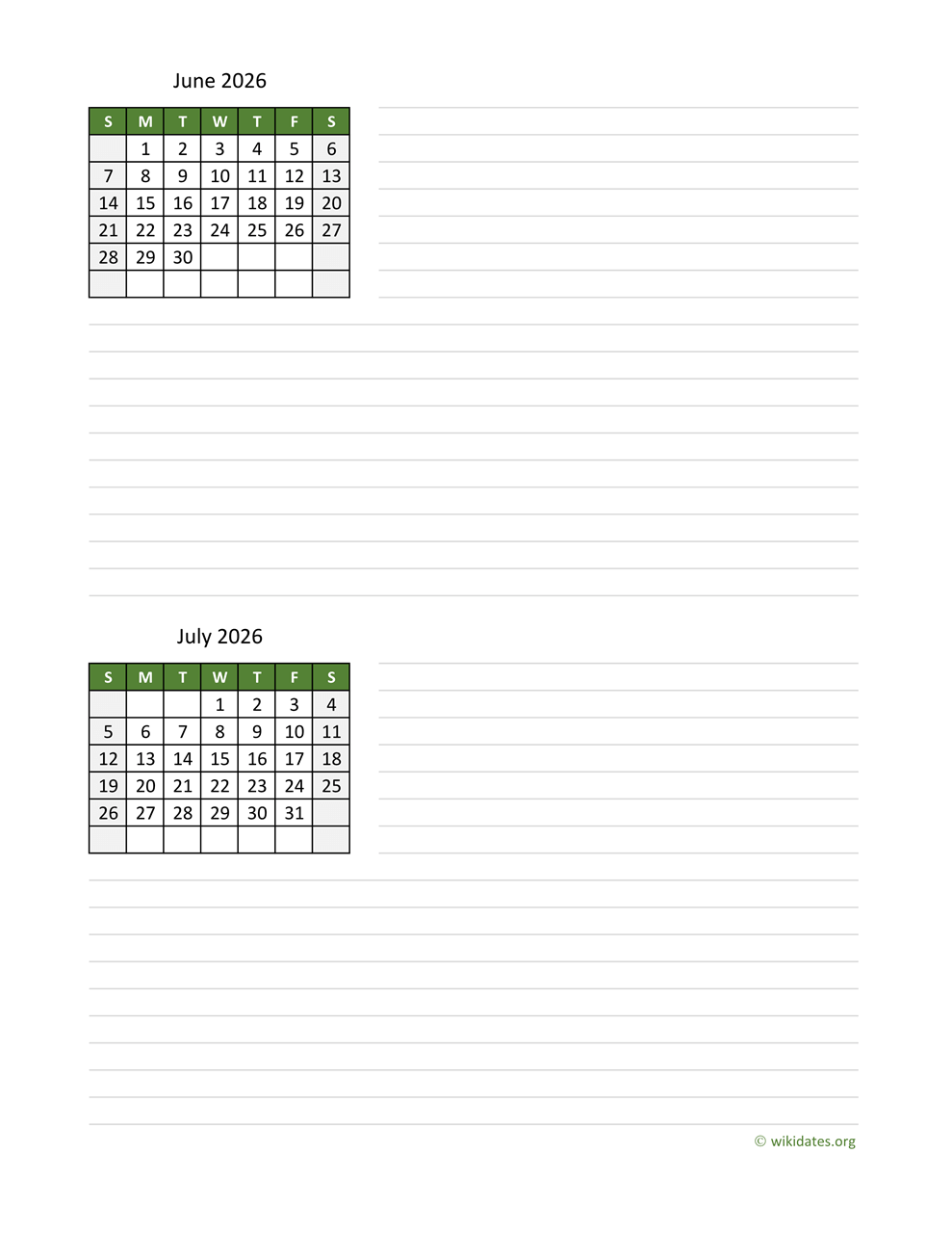June July August 2026 Calendar Printable
