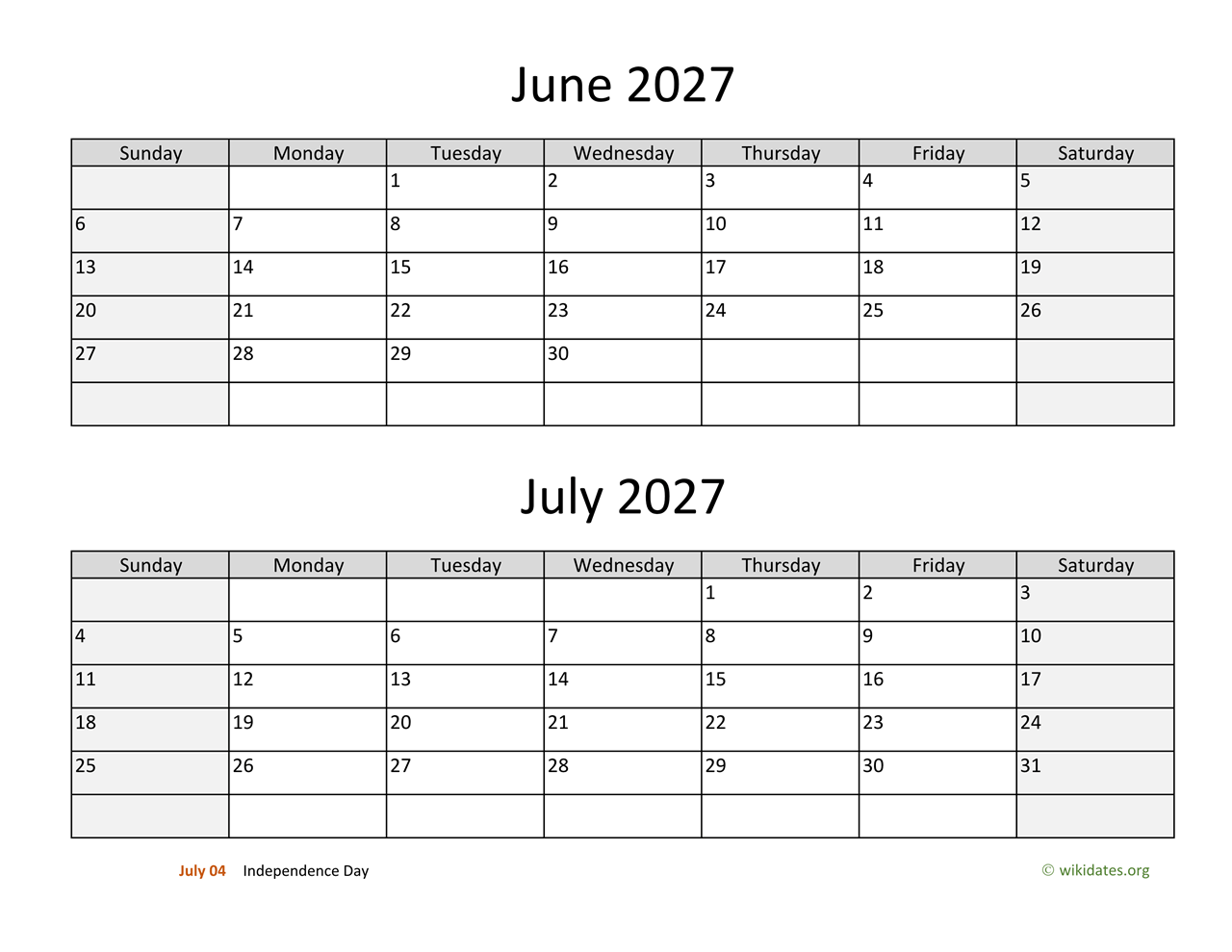 June And July 2027 Calendar WikiDates