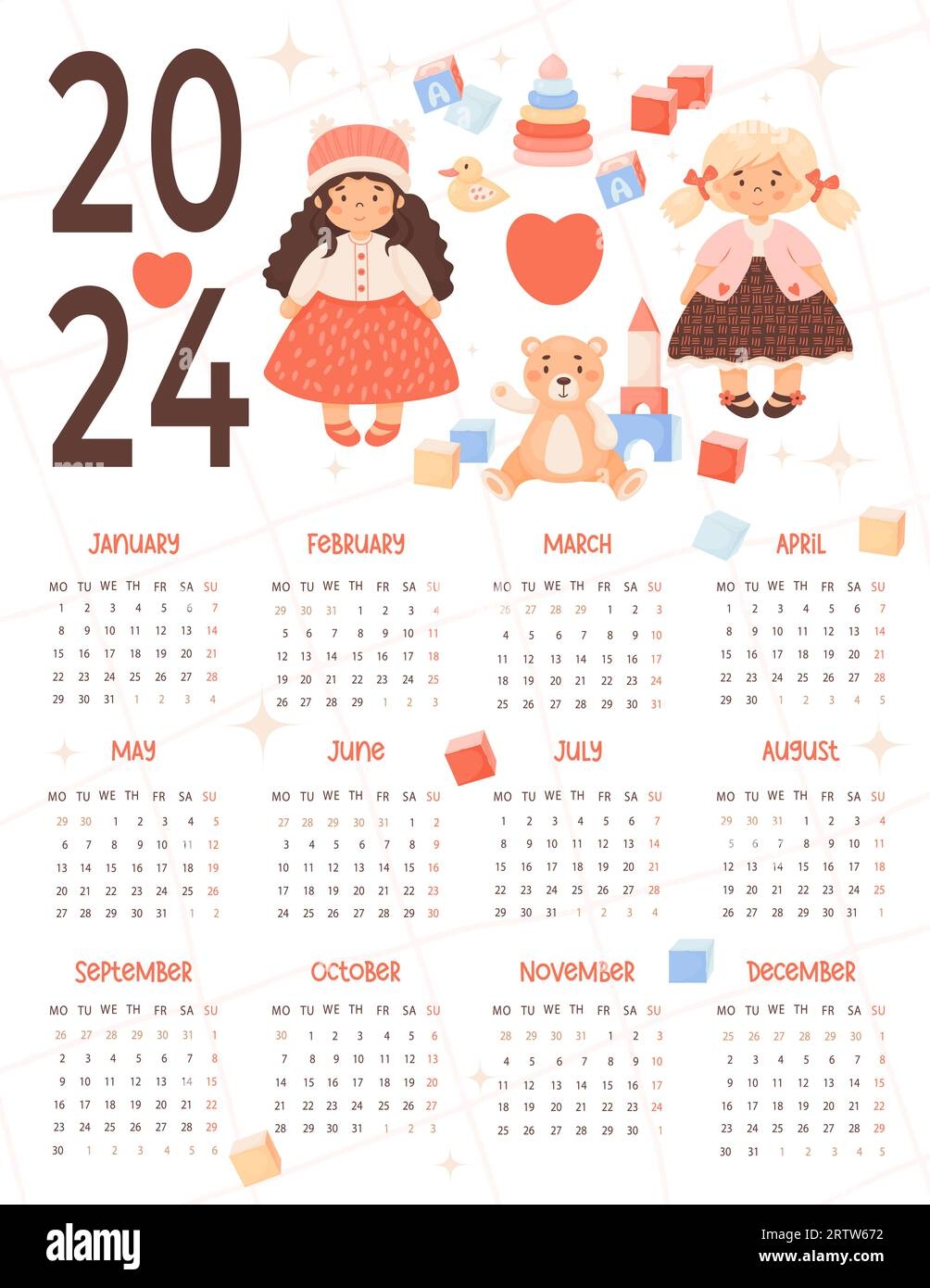 Kids Annual Calendar 2024 Cute Children Toys Girl Doll Plush Toys In Cartoon Style Vector Vertical Template 12 Months In English Week Starts On Mo Stock Vector Image Art Alamy
