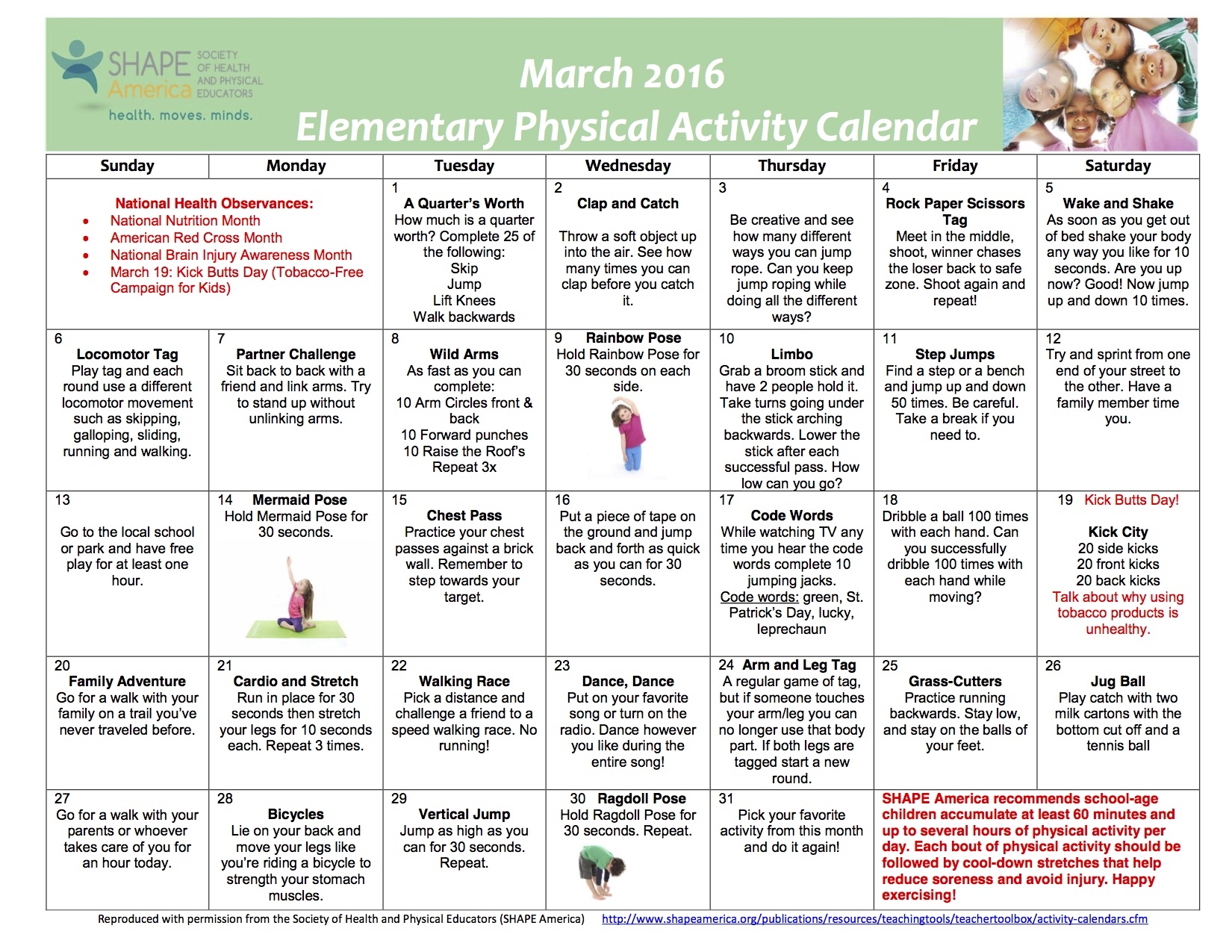 Preschool Physical Activity Printable Calendars Preschool Physical Activity Printable Calendars